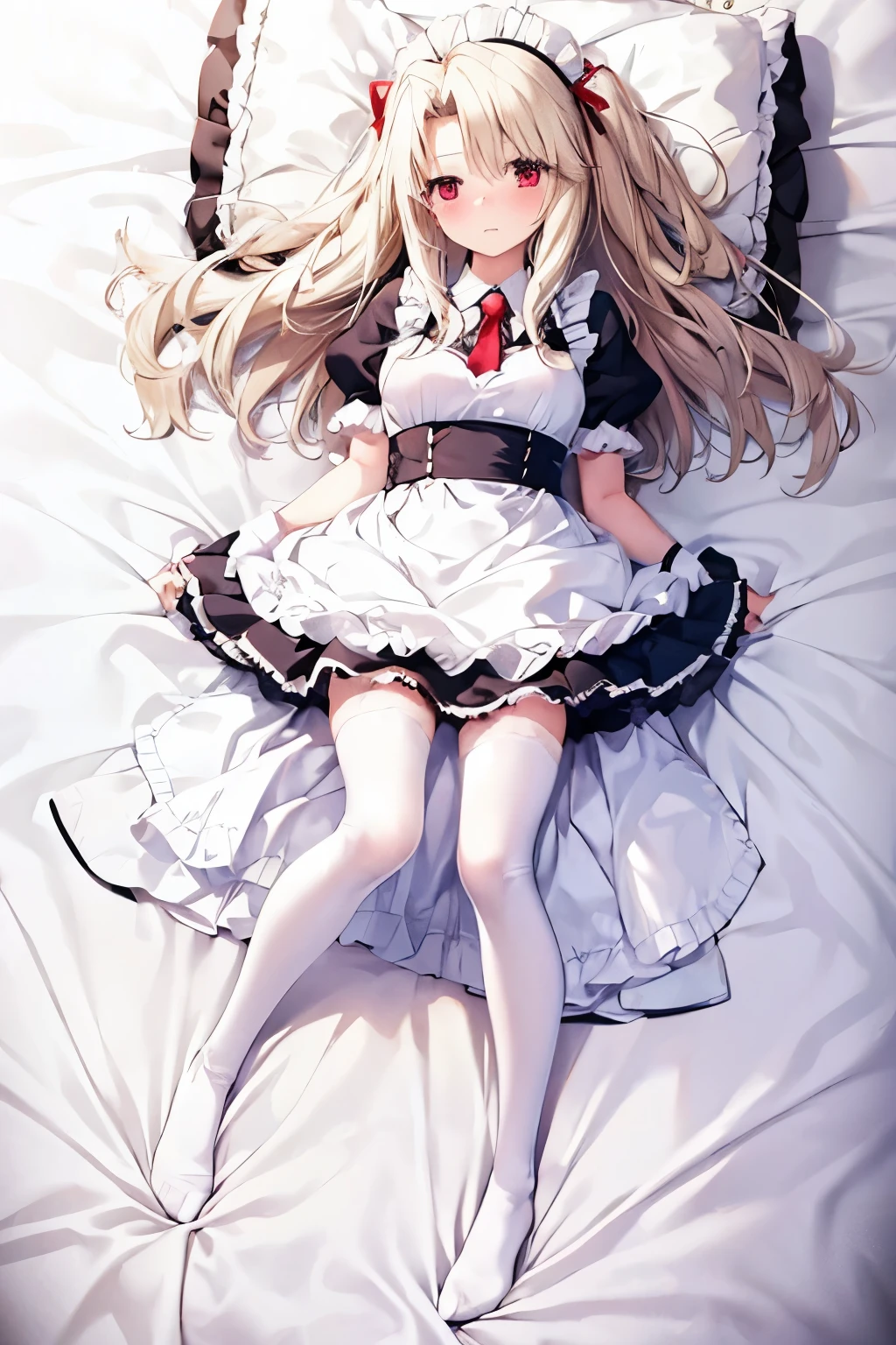 Illyasviel von Einzbern, 18 years old, Maid Outfit, white tights, bed, Lie on your back, angle from above, embarrassed, opening legs, Full Body, straight