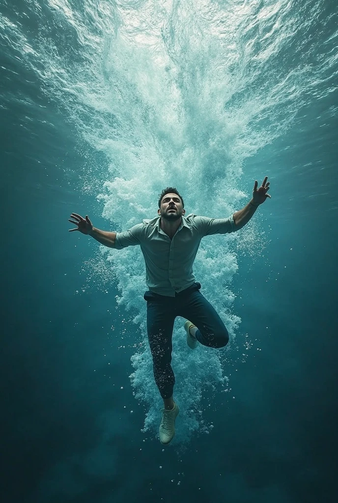 A man dives into the depths of the water, Swimming desperately as he struggles to reach the surface. His movements are frenetic, His expression reflects anguish, and his body contorts in an effort to escape into the air. Deep shadows envelop his figure, contrasting with flashes of light filtering in from above, creating a game of disturbing chiaroscuros. Dark blue and deep green tones dominate the scene., with silver reflections and bubbles that add dynamism, as rays of light bathe the water in a soft golden glow, intensifying the sense of struggle and urgency.