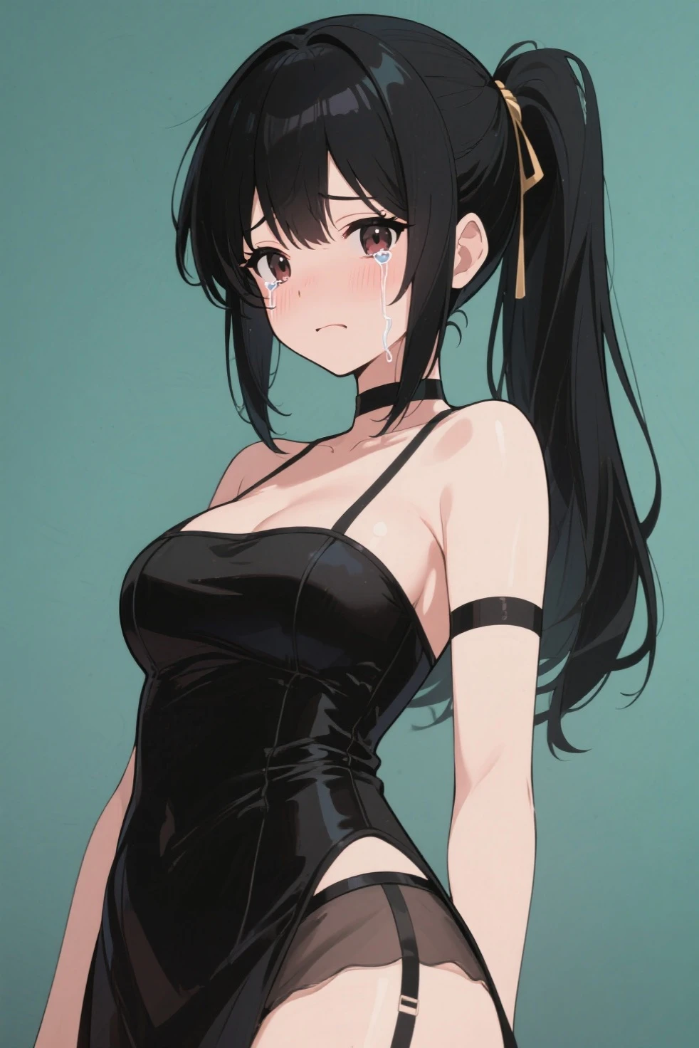 (1woman,solo),cowboy shot,18歳の美女、black hair,long hair,blunt bangs,black eyes,((小さい頭:1.3、skinny,medium breasts)),(((bikini,gleaming skin,oily skin,shiny skin)))、学園