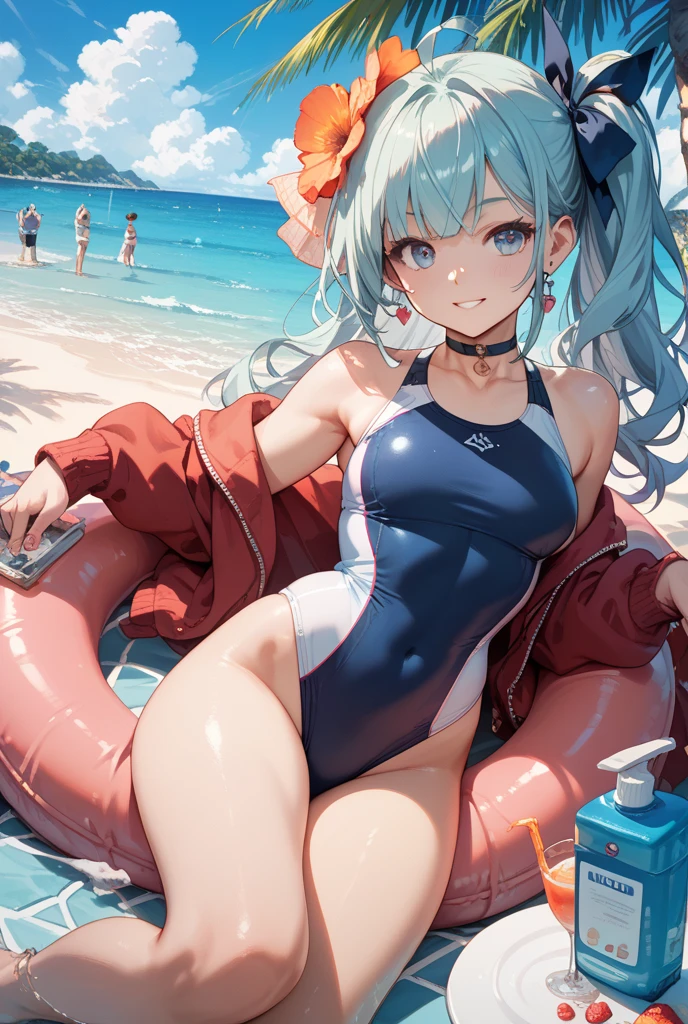 ((8k, Highest quality, masterpiece: 1.3)),Ultra-high resolution,(1 girl, alone), (Color changing eyes, Ultra-detailed, Expressive brilliance, Glitter, Glowing Eyes), Highly detailed eyes, Highly detailed face, Random Hair, ((pastel colour)),A cheerful young woman with pastel mint-green hair styled into a messy bun, sitting on her bed in her brightly lit bedroom during a sunny morning. She is dressed in a cute yet subtly sexy lifeguard cosplay, wearing a red one-piece swimsuit with a small whistle around her neck and a visor on her head. The camera captures her from a slightly elevated angle as she smiles brightly, pretending to blow the whistle, her expression full of playful energy. The room is bathed in warm sunlight, with beach-themed decorations like a surfboard against the wall, a beach towel draped over the bed, and a vibrant, summery atmosphere.