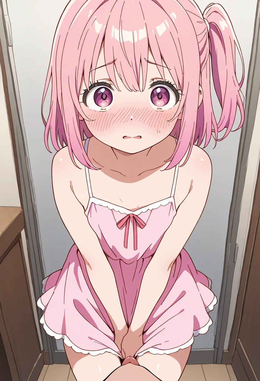 top-quality、​masterpiece、1girl in、looking at the viewers、A pink-haired、shorth hair、城市、Random Hair Styles, cowboy  shot、(((skirt flip)))、 Looking Up, View from below, (((Panties))), (((blush and surprised face,))), (((Open your eyes))), (((scream))),
