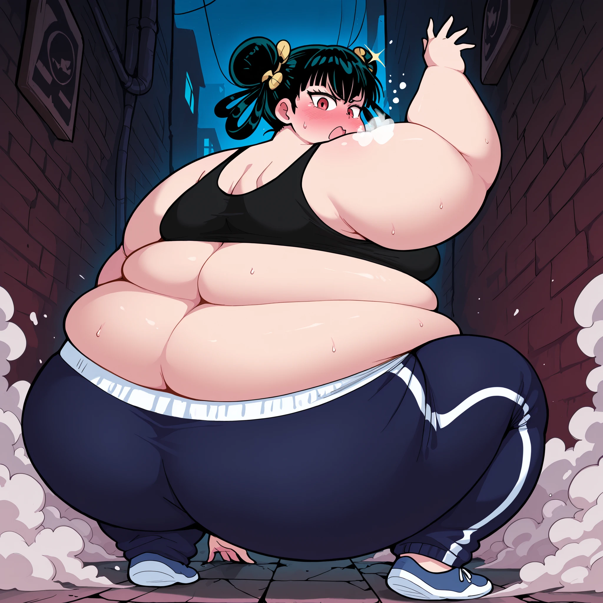 high resolution picture, masterpiece, best quality, amazing quality, solo, 1girl, Lin Lin \(one punch man\), ,black hair, red eyes, , , medium breasts ,source anime,
BREAK (curvy), cracked floor, dust cloud superhero landing,, head down one arm outstretched, one arm up, , tank top, black shirt, sweatpants, dark blue sweatpants, u.a. gym pants, black tank topt, , alley, night, , , embarrassed fat, chubby, obese, gigantic arms and legs, large breasts open mouth, out of breath, sparkle, looking at viewer, from behind,