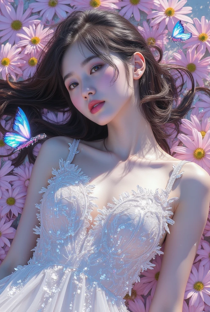 lace,skirt,white bra,lace trim graceful dance movements, Sitting,Long legs , ((Flowing long hair))Official Art , Unity8k Wallpaper , Extremely detailed , Visible cleavage, Pretty and beautiful , Sexy long legs, masterpiece , best quality ,Practical, Very detailed illustrations ,Extremely detailed , Intricate details , Extremely complex and detailed , Very detailed 8KCG wallpaper , Caustics .reflection , Ray Tracing , Devil Theme ,nebula ,Dark aura, Network Effects , (1 Girl)Solitary , 小蓝Butterfly , Dozens of monarch butterflies around , (Blue plasma flame , (insect , Butterfly)) 圣光Butterfly天使 , Butterfly翅膀 , Pastel tones in Rococo style ,Light white and light dark red , Incredibly beautiful , Cherry blossoms , Surrealism ,painting , Ethereal , Mixing reality and fantasy elements ,Ray Tracing , Complex patterns , Delicate lines , Perfect your hands, Starry Sky , rich and colorful , Star