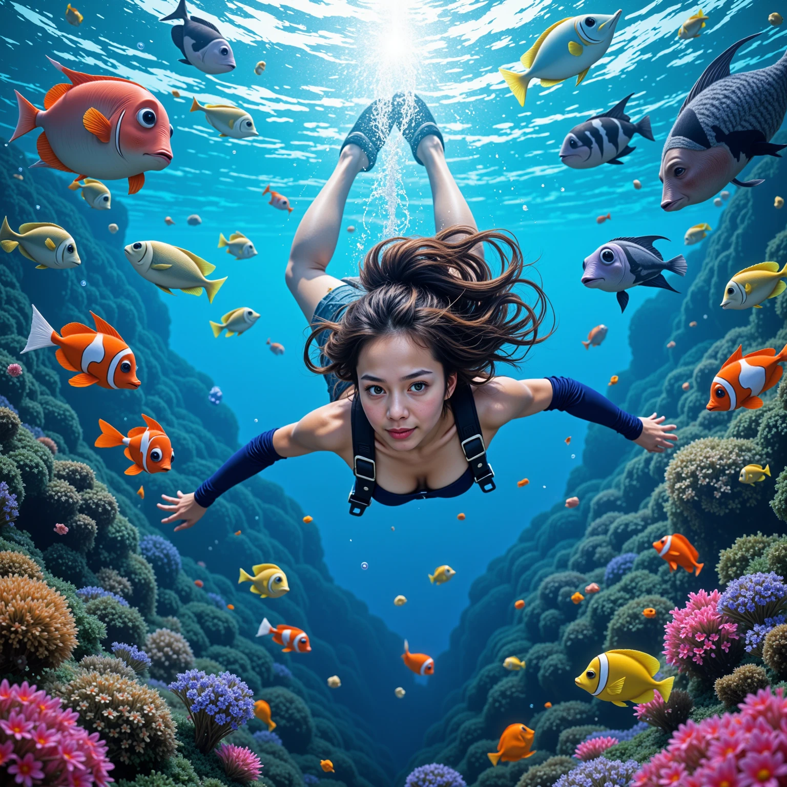 a 30 year old Indonesian woman, swimming in an aquarium, where the woman is actually swimming like a fish, complete with sea ornaments inside, hyper realistic, real