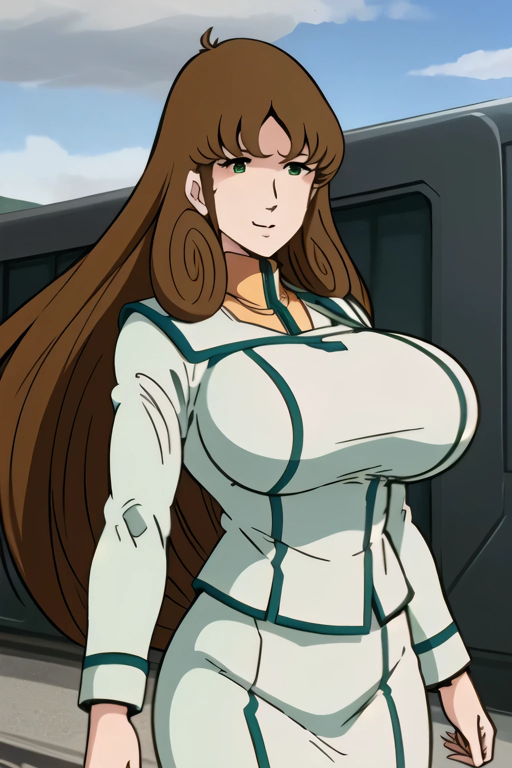 draw the facial expression more delicately,Walking with long brown hair,green line in a white military uniform,Faces are important, white clothes ,erotic face,,nice smile,Big breastsでもウエストが細い,描けますか a woman looking at a train, ,Walking Alone, city tour ,,(((Can you draw a woman with long brown hair in everyday wear))), ,(Let's draw a more delicate look), , Big breasts, thin waist , , ,Faces are very important,