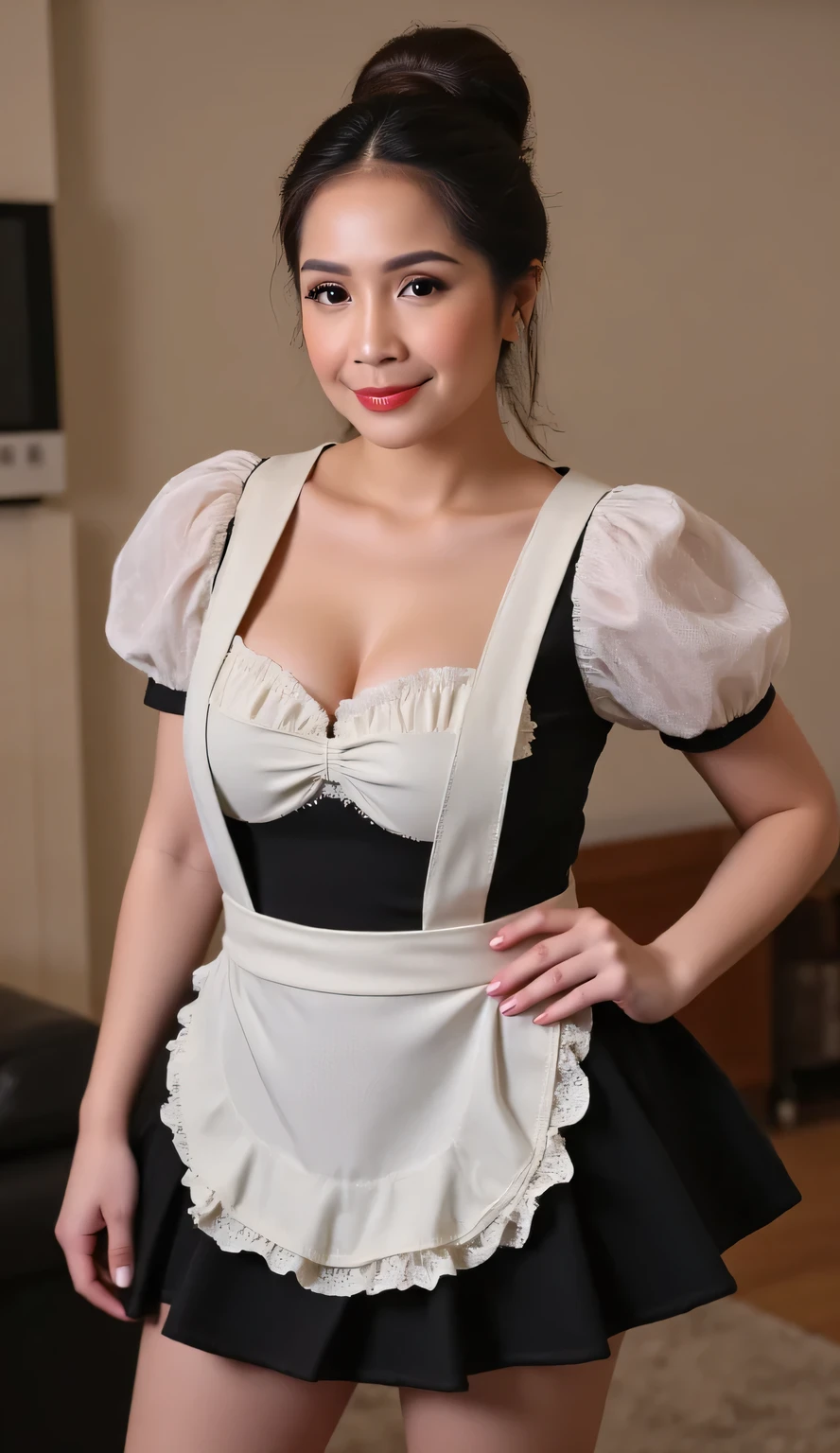 (8k Ultra HD, RAW photograph, Model photo shot, photoGenuineistic, cinematic lighting, High resolution, photograph, realistic, highest quality, Best quality, masterpiece,) BREAK she has medium breasts, (((perky breasts))), BREAK , slender waist, skinny, , round face, brown eyes , BREAK (( happy), (half open eye), (parted lips), ) BREAK (messy chignon , hind hair, ) BREAK (((extreamly bust-up shot , looking at viewer, ))), (((1 lady is putting hand on hip , she is wearing oversized sheer maid costume, separate breasts,dropped breasts, bending over,))),