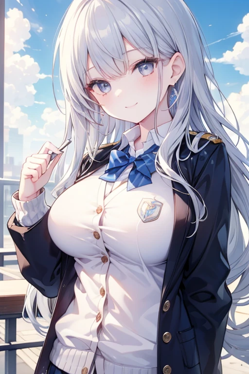 beautiful girl, Silver Hair, Navy blue blazer, big breasts、Show off your cleavage