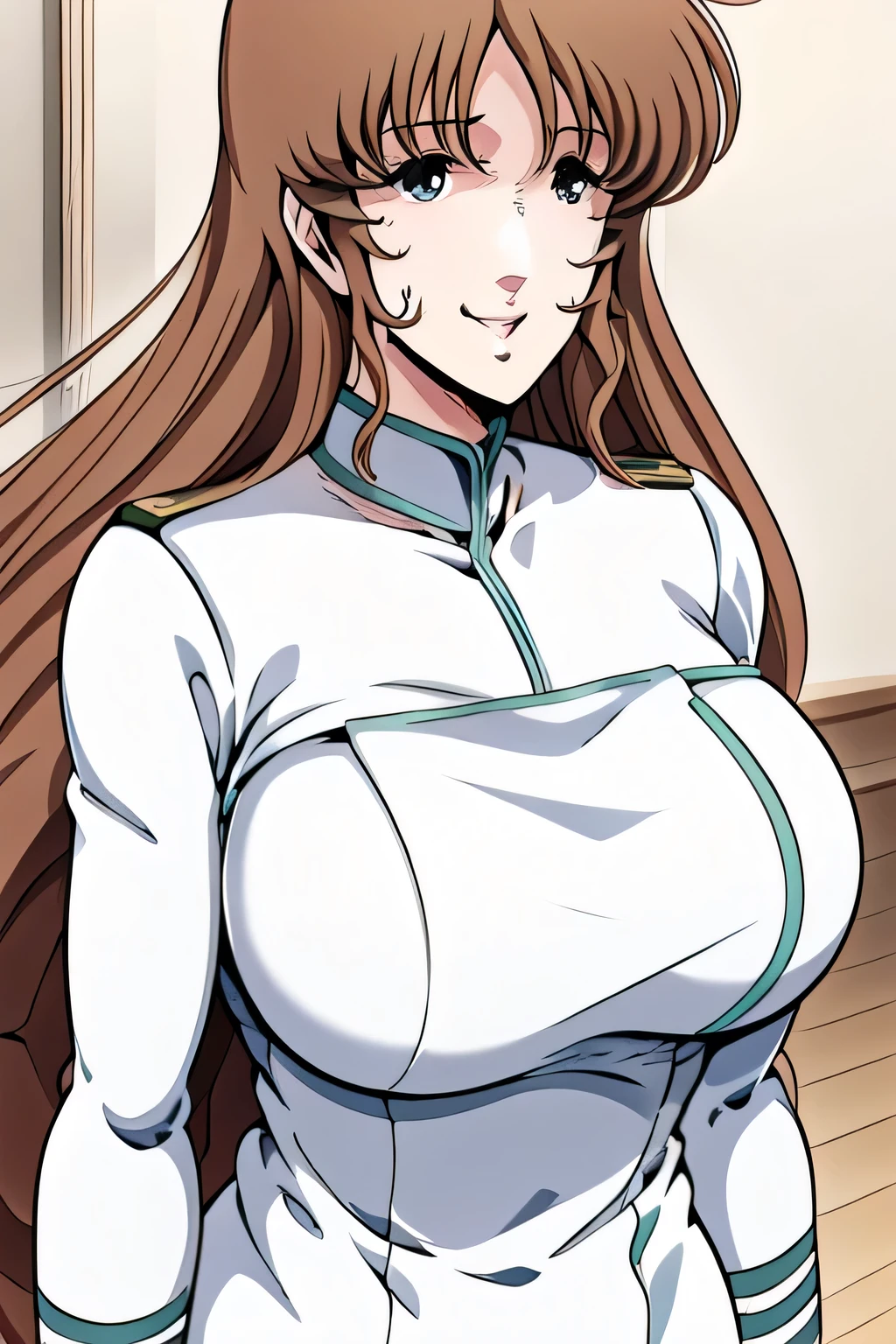 walks with long brown hair,green line in a white military uniform,face is absolutely necessary,、It's important, white clothes ,,nice smile,Big breastsでもウエストが細い, ,Walking Alone, city tour ,,long brown-haired woman in everyday wear , The charming 20-year-old 、Can you draw , Big black wavy hair, , Big breasts, thin waist , , ,顔はとてもIt's important,The animated CG,the work is understood by having a face,can't trim her face,