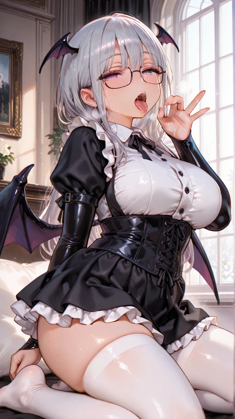 (((1 demoness))), ((detailed blue eyes)), ((long silver hair)), large breasts, curvy hips, perfectly drawn body, seductive smile, white dress, adorned with blue roses, casting spells, best quality, masterpiece, ultra-detailed