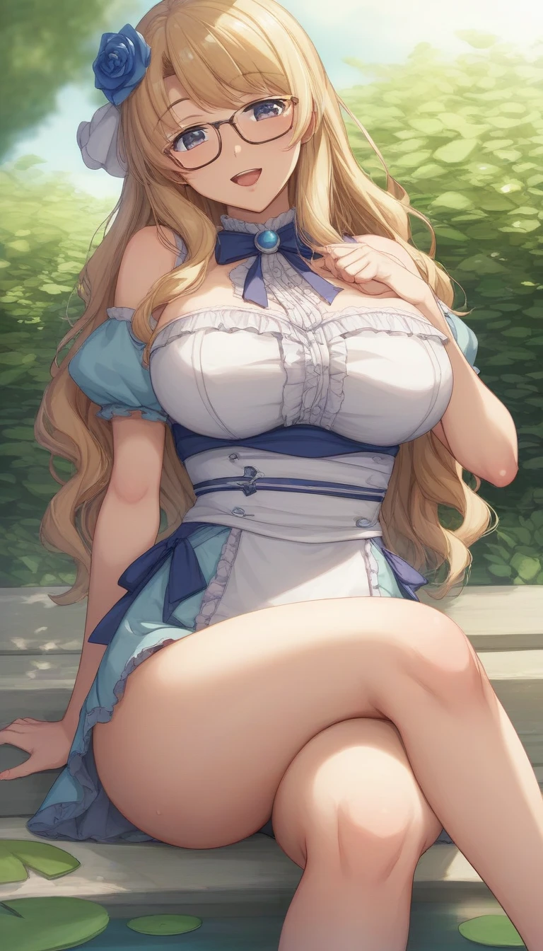 ((highest quality、High resolution))、Portrait、A beautiful woman、Perfect body、Beautiful ample breasts、Long blonde、bangs、Blue and white、Embellished blue sexy dress、skirt、Sexually excited facial expression、Love juice、((Beautiful woman showing pussy))、I'm inviting you to have sex、Outdoor Scenery