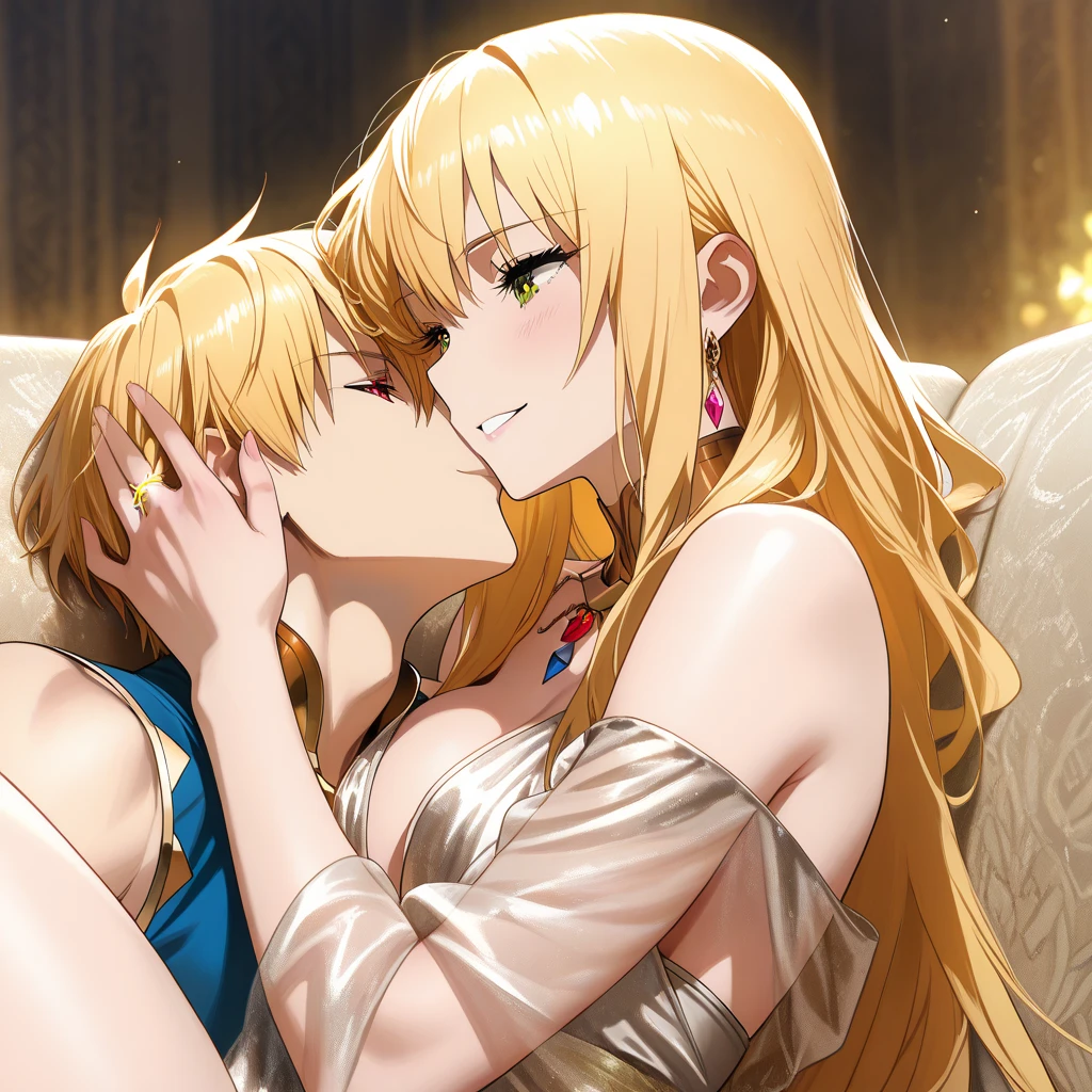 ((Highest quality)), ((masterpiece)), (detailed), (Perfect Face)、The woman was a tiare with green eyes and medium-long blonde hair, and was wearing a luxurious, shiny, gold-colored, long-slit see-through dress with gorgeous embroidery and trim, which allowed her skin to show through, a gold-colored see-through cape, and a gold-colored see-through veil. She was wearing a gorgeous jeweled hair accessory, a jeweled head dress chain, a jeweled waist chain, a gorgeous necklace, bracelets, ankle bracelets, jeweled earrings, and shiny gold boots. She was also wearing an engagement ring.、The woman sits with the man on a luxurious sofa in a luxurious room with her legs spread, and while the man embraces and kisses her, he massages her breasts with one arm and puts his fingers in her pussy with the other, stirring her pussy with his fingers, kissing her and making her feel loved.、The man is a dignified, bearded, elderly man of great wealth, wearing luxurious clothing with gold embroidery and trim.、The woman surrenders herself to the man, screaming with pleasure and climaxing, moaning with joy.