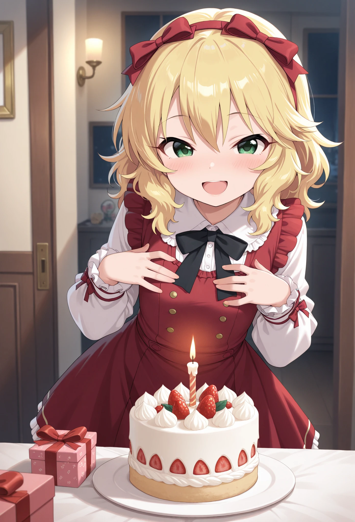 (masterpiece, best quality:1.2),  <lora:necoarc:1>, necoarc, slit pupils, cat ears, blonde hair, short hair,  red eyes, chibi, :3, 1girl, solo, indoors, restaurant, pov across table, red dress, light particles, holding bouquet, looking at viewer, necklace, night, sitting, dress straps, chair,