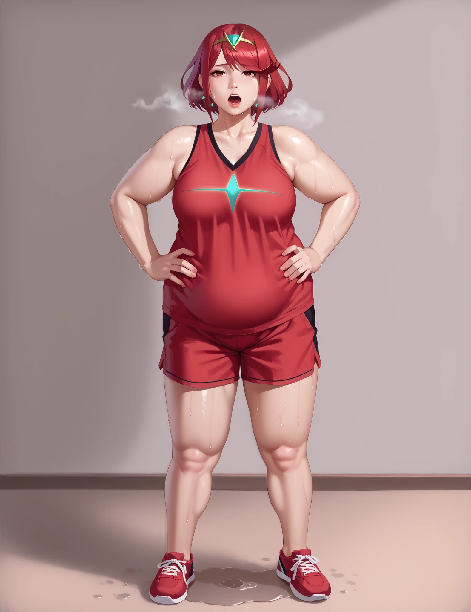 score_9, score_8_up, score_7_up, BREAK, 1girl, solo, pyra \(xenoblade\), xenoblade chronicles \(series\), tiara, solo, red eyes, 1girl, solo, jewelry, makeup, casual, cowboy shot, looking at the viewer, large breasts, hand on hips, red tanktop, sweaty, black gym shorts, sweating profusely, open mouth, exhausted, heavy breathing, puddle of sweat on the ground, steam coming out her mouth, gym, indoors, she wears pink shoes,medium breasts,, basketball uniform, jersery, sportswear, jersey, shorts, sleeveless,, audience, gym, sweat, open mouth, steam, sweat, looking at viewer, open mouth,, cowboy shot, half shut eyes, obese, chubby, thick thighs, chubby cheeks, big arms, (((Shiny Skin))), full body