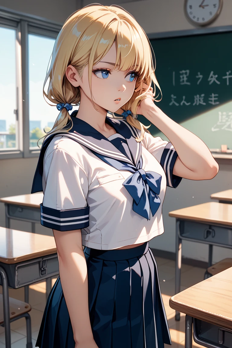 18-year-old、Blonde 、(((Twin tails)))、Small head、White Uniform、Short sleeve、cute、Model Body Type、Mature、High body、Short skirt、Side view、Surprised face、classroom、Whiteboard、blush、Upper body portrait、Place your hand on your chest、Embarrassed and depressed、
