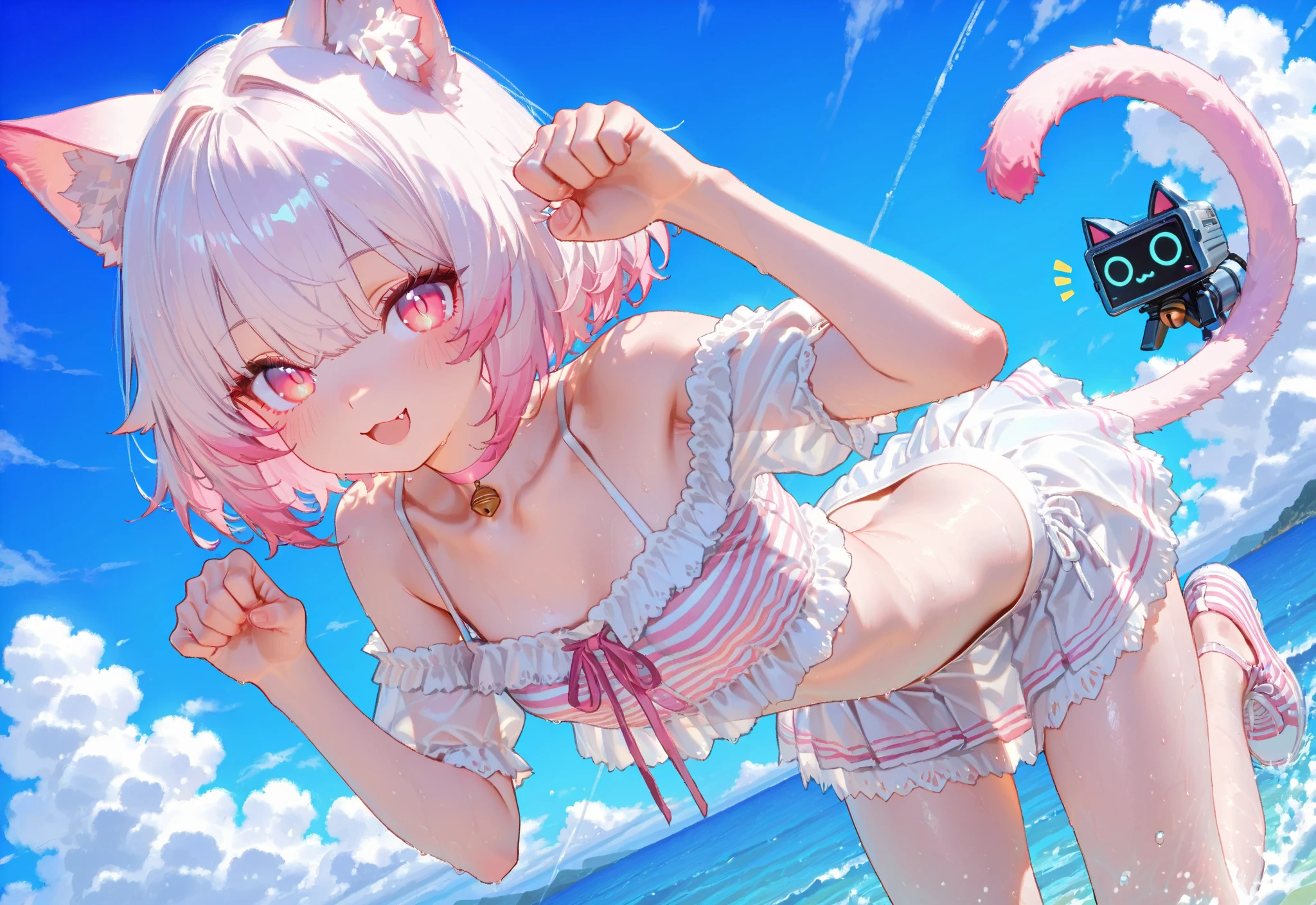 Silver hair, pink eyes, woman, sun and cloud background, red pink clothes, hair bows, happy face, swimsuit, sexy, cat ears, floating heart, thigh up, laid back, legs up