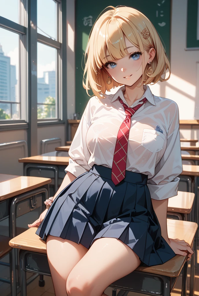 Dynamic posing, dynamic angle,Top quality work，Show Legs，Shiny cream Dress，(short golden hair)，(golden eyes), lovely red lips, Rose cheeks, Pretty Face, A perfectly proportioned face, school shirt and skirt, (school uniform)  ，in classroom，full-body view，overall look is very erotic, amazing, Large round chest、Beautiful eye details、(Very slender eyes)、Beautiful eyelashes、beautiful double eyelid, Shy, with blush cheeks,