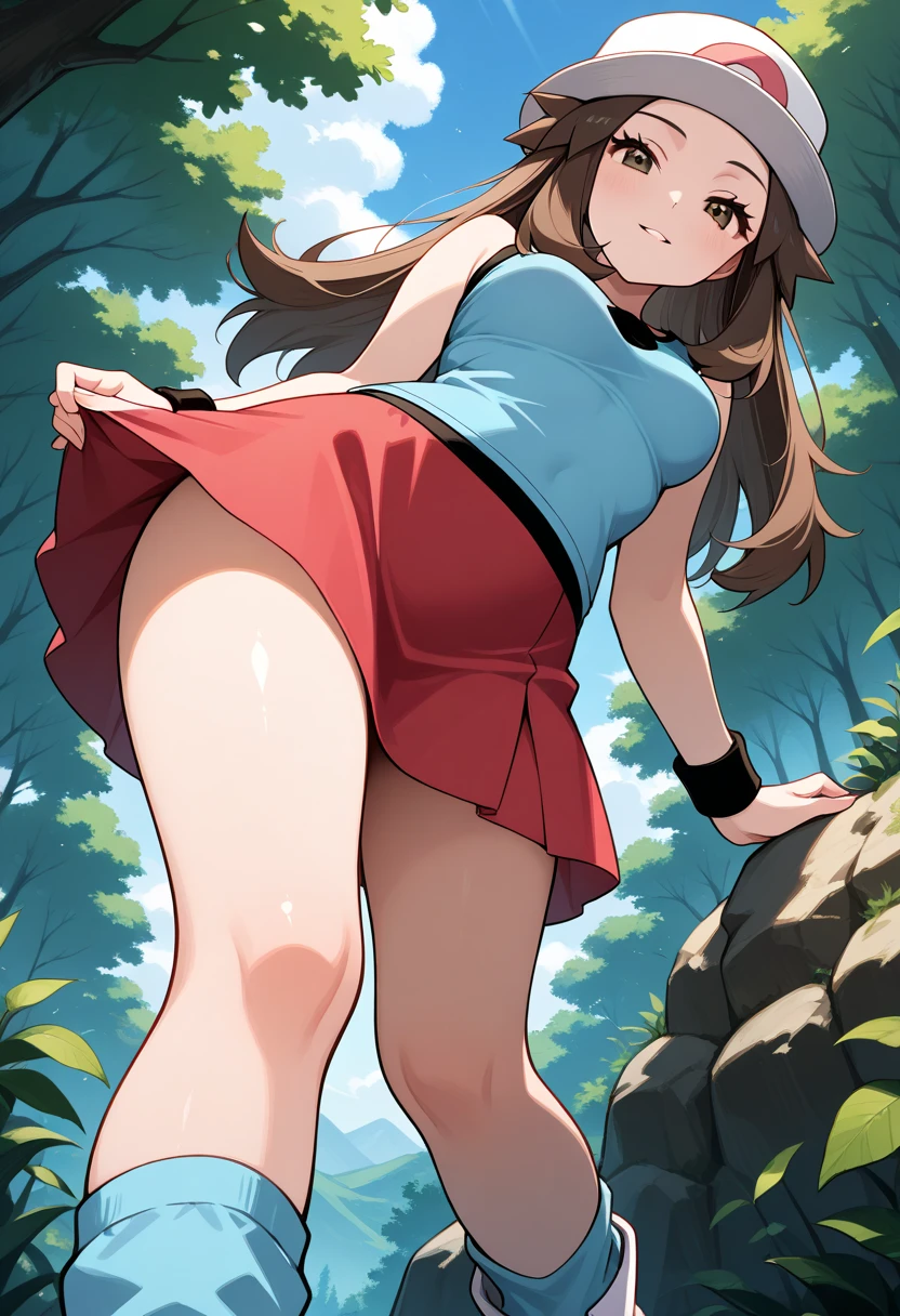 pokemon leaf, leaf, visible thighs, sitting, red skirt, blue shirt, brown eyes, loose socks, white footwear, smile, upskirt, white panties, walking, body shape, chubby thighs, wide hips, long legs, full body, holding a pokeball, looking at camera, back shot, from bihind, crouching down, oil painting, detailed brushstrokes, vibrant colors, shadow and light, high contrast, vivid scenery, textured background, realistic features, flowing hair, intricate details, dynamic pose, natural surroundings, sunlight filtering through trees, peaceful atmosphere, expressive eyes, playful expression, cute and lively, youthful energy, graceful movements, delicate skin texture, intricate patterns on clothing, harmonious color palette, serene and enchanting, (best quality, 4k, highres, masterpiece:1.2), ultra-detailed, realistic:1.37, professional, vivid colors, concept artists style, soft light, vibrant colors, dusty pink color tone