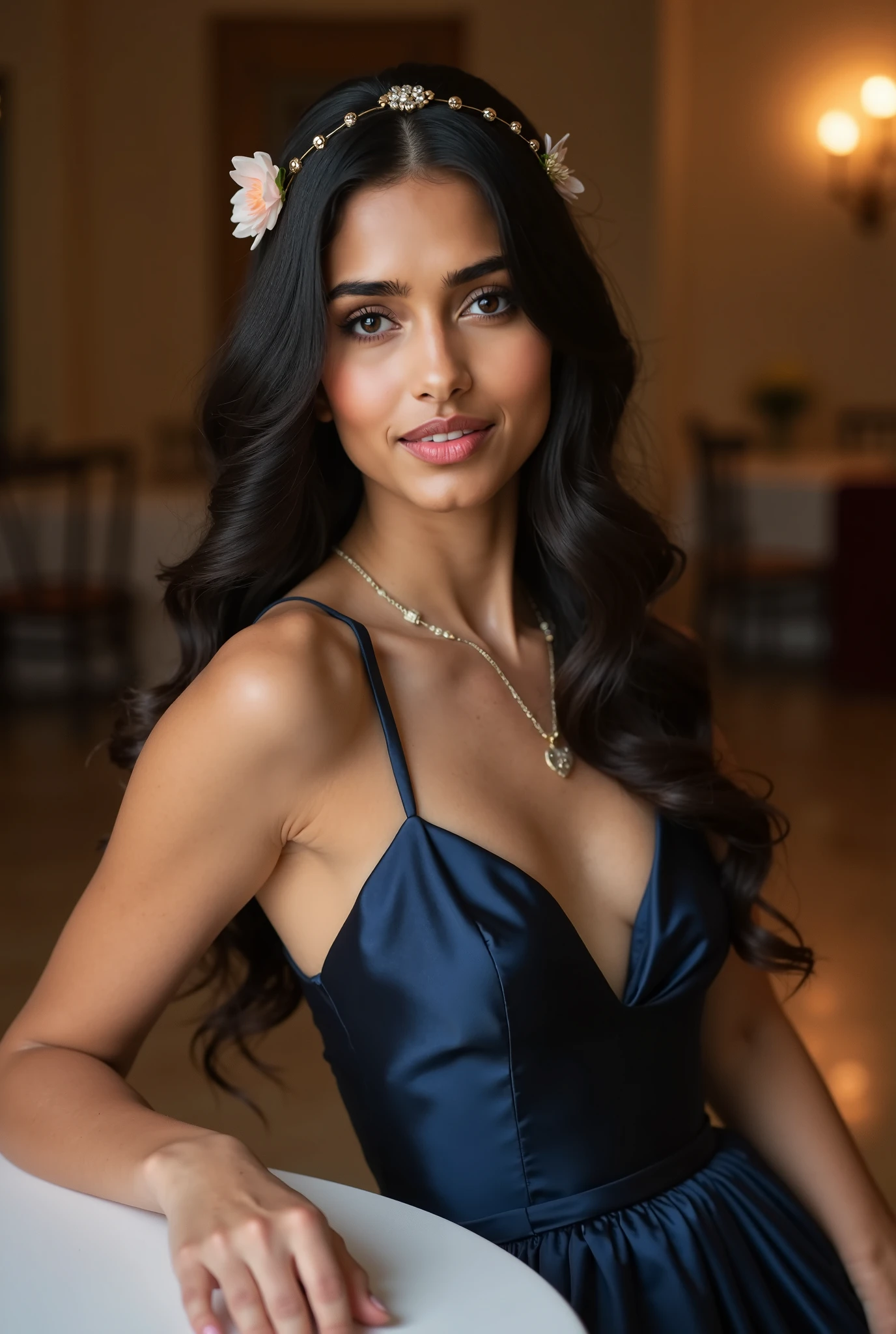 Realistic full body photo of smiling black haired Indian woman with long hair, She dances in front of the camera in a long A-line dress with straps made of shiny blue satin., Park,glamour fotoshooting, Wedding celebration, perfect anatomy, perfect brown eyes. Perfect hands with 5 fingers on each hand, Matching girl, look into the camera, 1 Frau. (Eye make up:1.1), (highly detailed skin:1.1), spirit, analog style, keen focus, 8K UHD, dslr, good quality, Fujifilm XT3, Grain, Award-winning, masterpiece. Wedding celebration. She stands in the park and looks over her shoulder into the camera. back