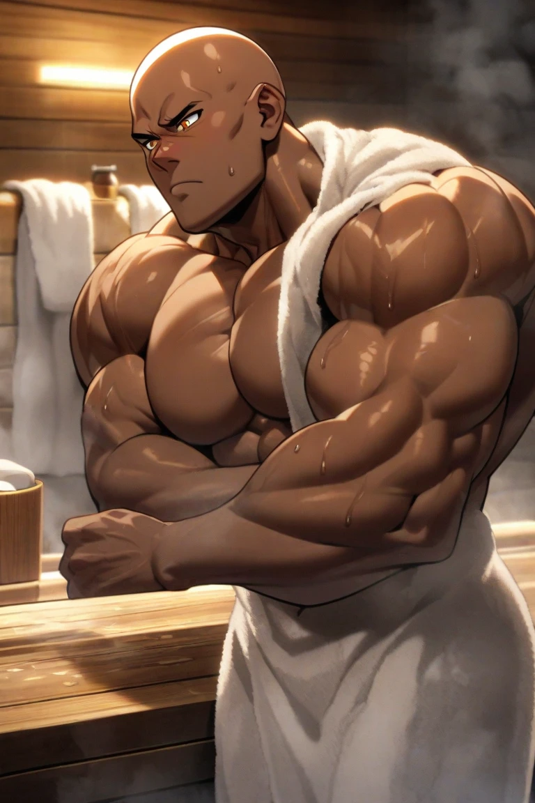Homem sem camisa na sauna, muscle, coxas musculoss, peitos grandes, de short com grande volume, corpo melado, liquid coming out of legs and shorts