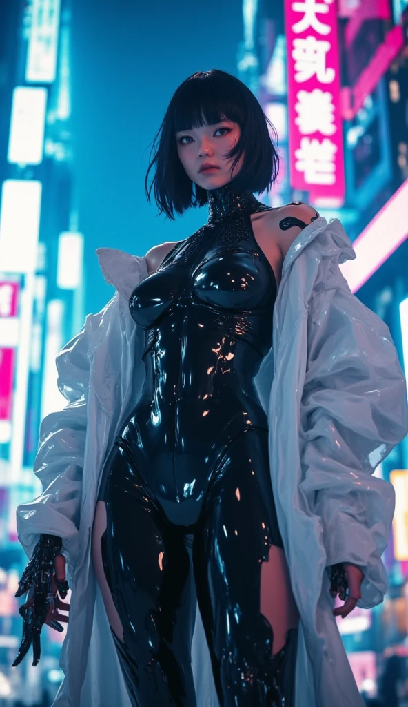 (best quality, highres:1.2), ultra-detailed, (realistic:1.37) A sexy tron girl, vibrant holographic colors, with glowing lines tracing her curves. (futuristic, cyberpunk) vibe, light projections highlighting her sleek metallic suit, (electric blue) and (neon purple) illuminating her luminous figure. She confidently strikes (strong, fierce, powerful) fighting poses, showcasing her agility and strength. (bright, sharp) eyes pierce through the darkness, (sparkling, mesmerizing) with intensity and determination. Her (luscious, glossy) lips, radiating a (subtle, seductive) smile, hint at her playful yet fierce nature. The background is a (dystopian, futuristic) cityscape filled with towering skyscrapers, (reflecting off the wet streets, adorned with holographic billboards) casting an (eerie, vibrant) glow. Strategically positioned (light beams, spotlights), (accentuating, illuminating) her silhouette, draw attention to her captivating presence. The painting style is a mix of (digital illustration, digital painting), combining (photo-realistic) details with (stylized, sleek) elements. The entire scene bathes in a (cool, neon) color palette, with (bright, contrasting) hues adding depth and interest. The lighting is (dynamic, dramatic), casting (shadows, highlights) that bring depth and dimension to the tron girl and the surroundings.