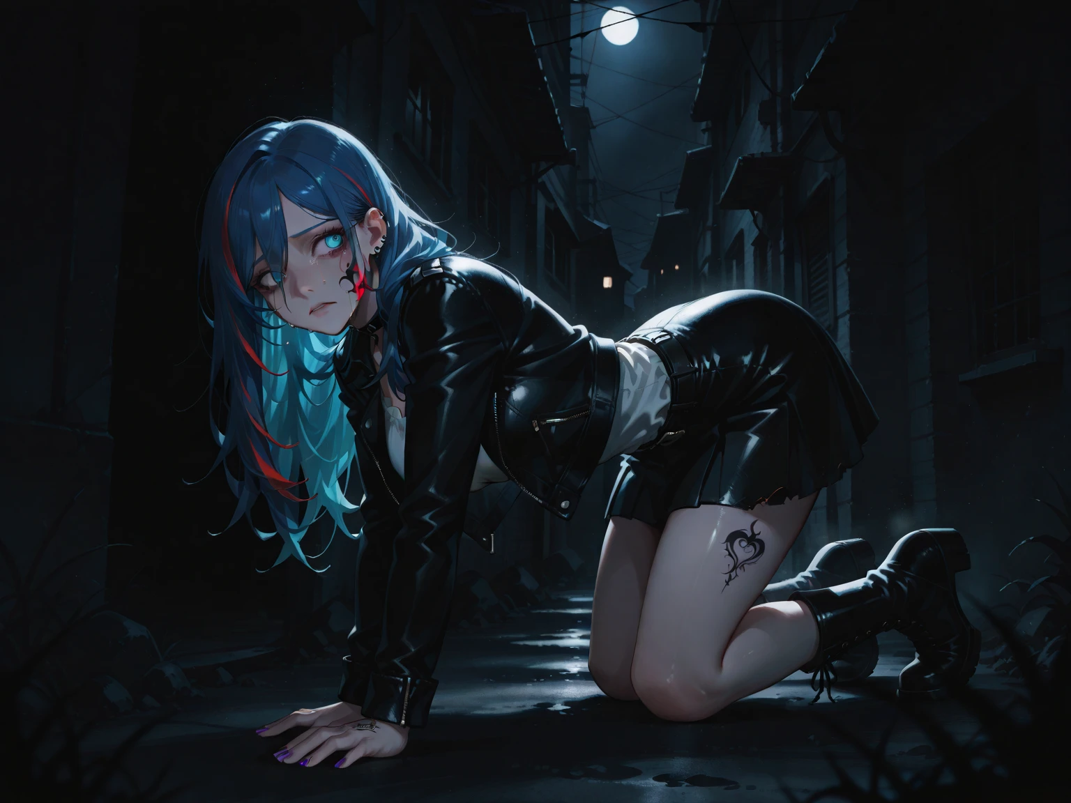 1girl, (solo), long straight hair, blue hair, flat chest, small size, blue eyes, fair skin, glossy lips ,team rocket uniform, red letter R, white skirt, white crop top, black thigh-high boots, black elbow gloves, perverted smile, red cheeks, looking down on viewer, sitting down, legs crossed, naked sex, sex view, lots of cum on sex, full body, (night), moon, forest, (very sexy body, detailed face, masterpiece, highly detailed, 8k, best quality, vibrant colors, digital art, concept art)