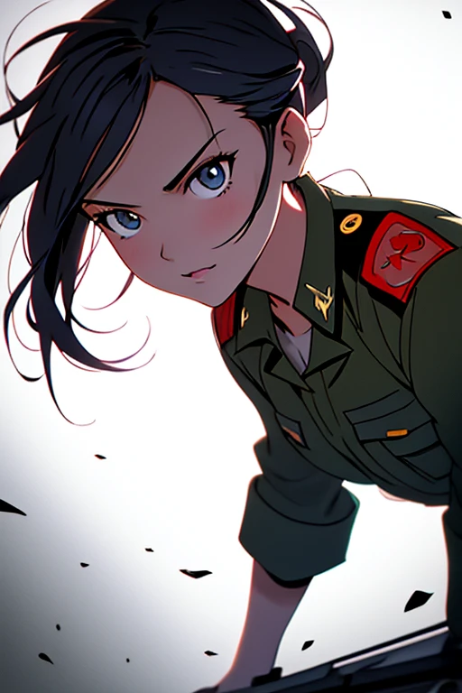 shingeki_no_kyojin_s4_style, portrait, solo,nozocloth, gloves, white gloves, hat, white pantyhose, uniform, blue headwear, armband, jacket, long sleeves, blue jacket