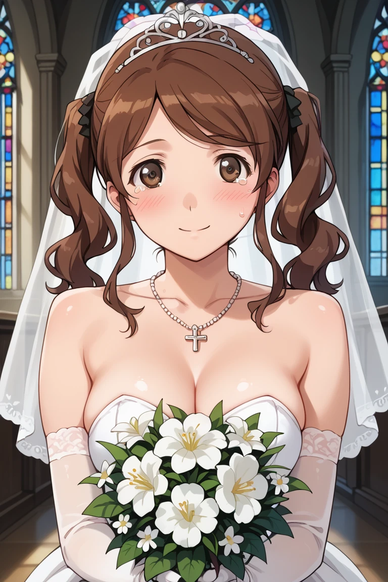 Asuna.Yuki,highest quality,High resolution、smile、alone、Mouth closed、garden、masterpiece, smile, Closed Mouth、Light brown hair、Tabletop, (highest quality),1 girl , Brown Hair, garden,Private Server, Wedding dress、shawl、Absolute reference to the center、(Transparent short veil:1.5),Flower head,holding a bouquet in her hand,bouquet、(Tube Top Wedding Dresses:1.5),(Silk dress:1.2),(Strapless Wedding Dress:1.5),Pure white dress,necklace,Earrings,Deep V Peach Heart Color Wedding Dress,(Lace gloves:1.3)carb、Nipples are visible、Completely naked