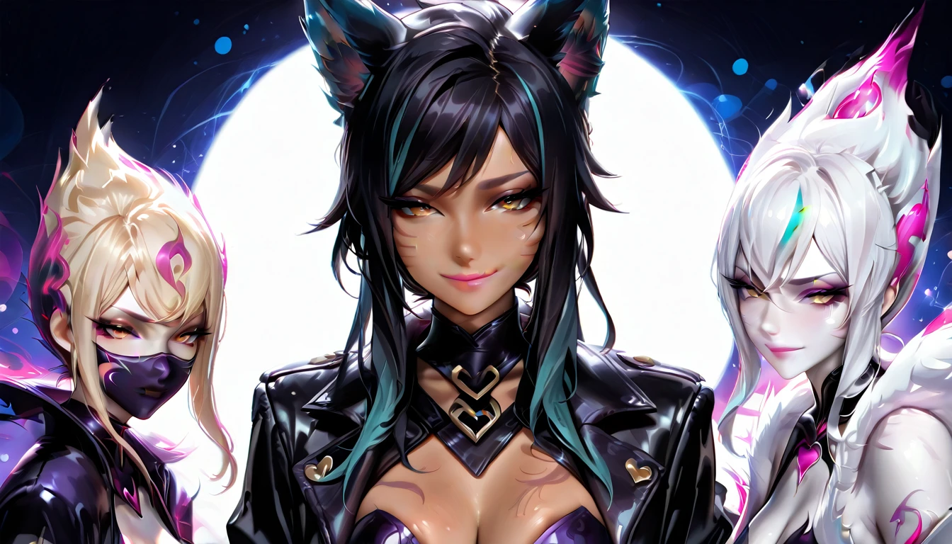 Magenta pink hair, brown eyes, older woman, hair ornaments, cat ears, long hair, smiling face, teal and gold outfit, color background, sexy, fashion