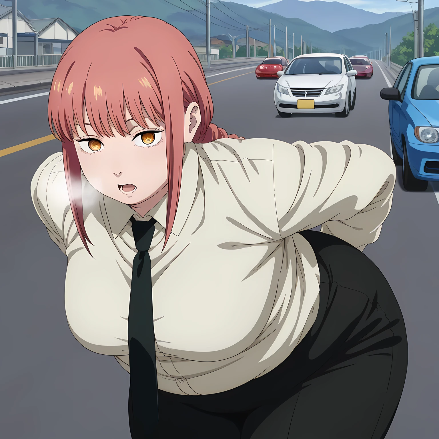 masterpiece, best quality, amazing quality,, makima, makima (chainsaw man), long hair, bangs, yellow eyes, braid, red hair, braided ponytail, ringed eyes, mature female, medium breasts, anime screencap, shirt, long sleeves, white shirt, necktie, collared shirt, pants, black pants, formal, suit, black necktie, shirt tucked in, office lady,, hands behind back, bent over,, road, cars, asphalt, travel, speed, cowboy shot, solo, looking at viewer fat, chubby, obese, gigantic arms and legs, large breasts open mouth, out of breath