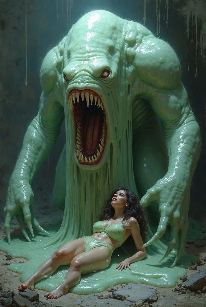 Liquid white slime monster eat a scared woman with large breasts expension