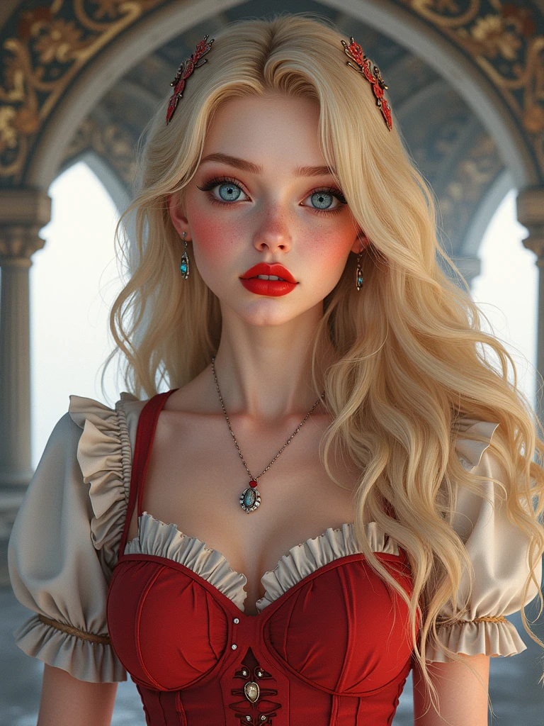 Blonde and pink gradation。Long twin tails。Mysterious and magical purple eyes。Lady in a red dress。Bewitching beauty。Pearl ornaments。Aristocratic Soiree。
