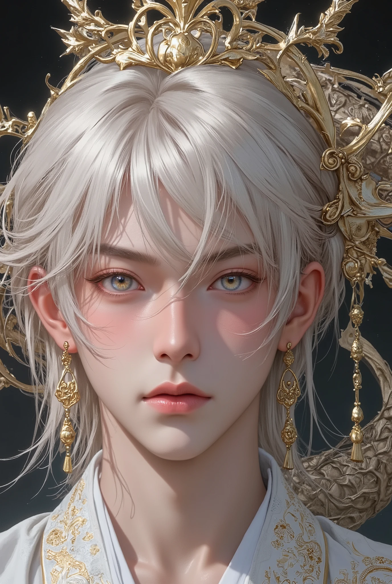 ((Top Quality, 8K, Masterpiece: 1.3)), Sharp Focus: 1.2, (Mature male, handsome, One Bangs Cover Right Eyes, Tied-Back hair, Medium hair, jfcut, Gold Aber Eyes, Flawless Eyes, ((Silver-Gold Hue Hair)), freckles ,male focus, handsome man, thickly painted, semi-realistic art, semi-realistic art style, dragon Caligraphy Hanfu-Robe,