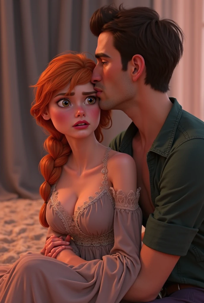 (masterpiece:1.4), (best qualit:1.4), (high resolution:1.4), Anna of arendelle and muscular man, couple, breasts exposed, man's hands grabbing Anna's breasts from behind, hugging, romance novel cover romantic, lake, huge breasts, cleavage, forest, castle in background