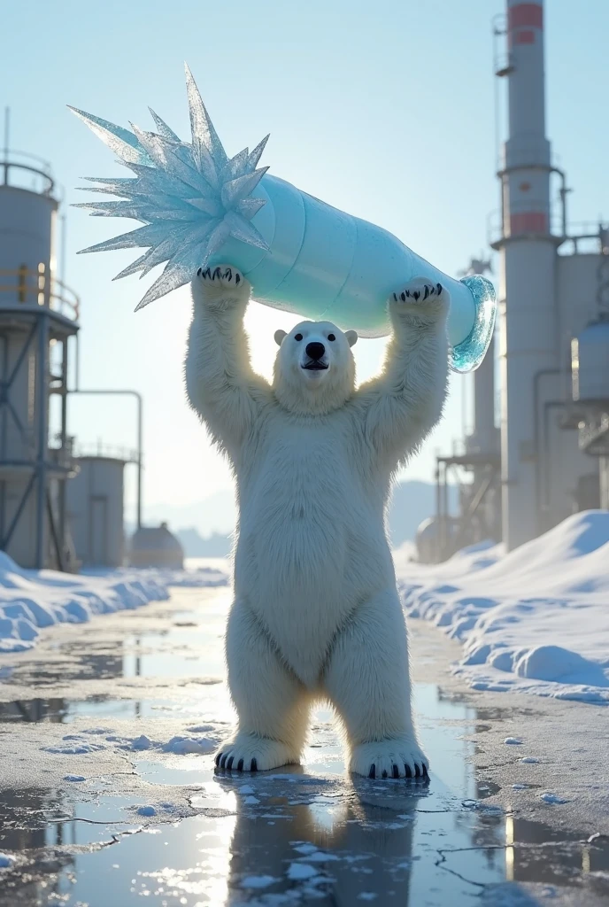A humanoid hybrid polar white bear, humanoid alien bear is hunting its food . In the scenario there are immense frozen mountains. The soil and frozen environment, snow covered, icy storm