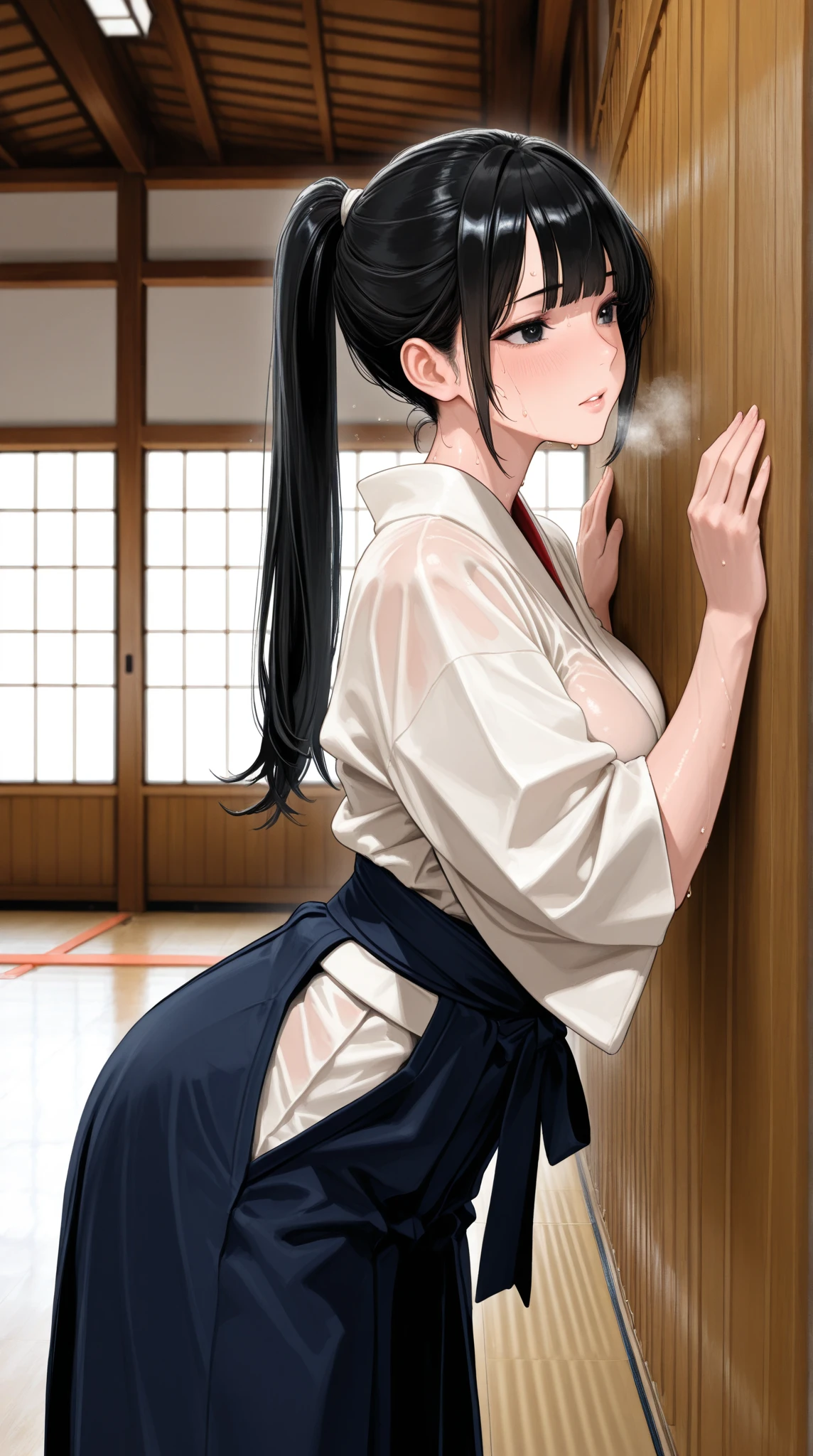 8K Photograph, photorealistic, sharp detail, 1 woman, very tight red hakama, thicc ass, photograph from behind, long purple hair, ponytail, brown eyes, dress tight on ass, Utahime, dynamic pose,  annoyed