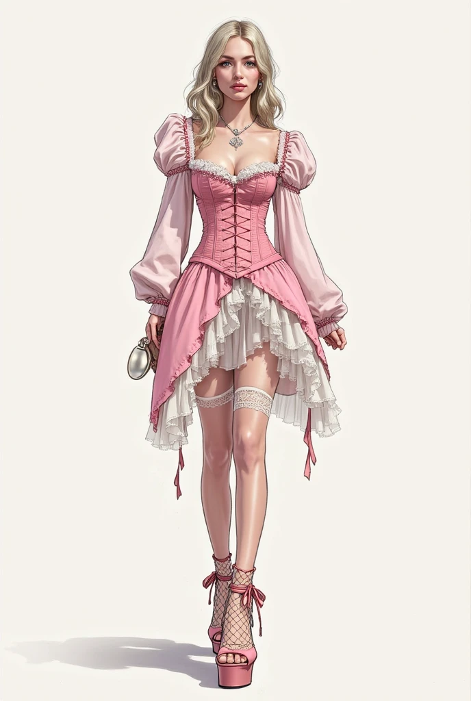 A beautiful curly-haired blonde woman with striking blue eyes and long eyelashes, wearing a frilly, intricate pink saloon girl dress with a knee-length skirt, white accents, a frilly lace choker, and a pink corset. She is standing full-body, with lace-up heeled boots and stockings, in a classic saloon setting. The skirt is short at the front center and adorned with ribbons at the front. (best quality,4k,8k,highres,masterpiece:1.2),ultra-detailed,(realistic,photorealistic,photo-realistic:1.37),extremely detailed eyes and face,longeyelashes,highly detailed facial features,detailed clothing textures,ornate Victorian style,dramatic lighting,cinematic composition,vibrant colors,intricate details
