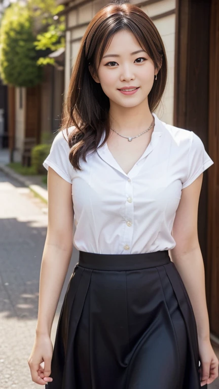 Highest quality、masterpiece、8k、Very detailed、Realistic、One girl、Looking at me with a smile、Black Hair、Short Hair、Small face、Slender、Big Breasts、Thin and beautiful legs、narrow and constricted waist,、(A tight-fitting shirt with an open center:1.2)、Tight Skirt、Dressed like a female teacher、(Erect nipples:1.2)、(Only the middle button of the shirt is undone)