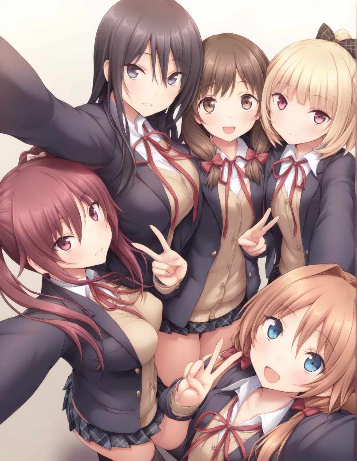 anime characters in uniforms posing for a picture with a rainbow background, isekai, hololive, anime moe artstyle, konosuba, ecchi anime style, konosuba anime style, hanayamata, girls frontline style, isekai manga panel, light novel cover art, evangelionic illustration