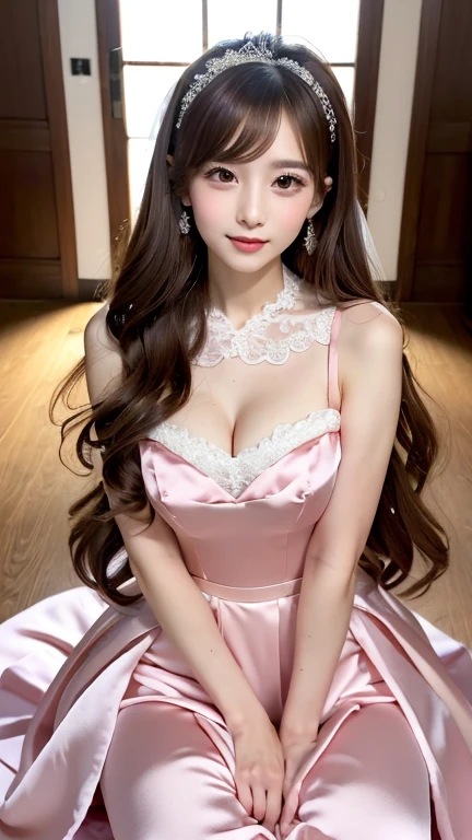 (Highest quality、masterpiece、8K、Best image quality、Hyperrealism、Award-winning works)、1 cute lolita princess、(alone:1.1)、(1 photo:1.1)、(Girly and cute luxury light pink Lolita princess dress:1.2)、(Cute big ribbon on the chest:1.1)、(The most extravagant and luxurious giant princess tiara:1.1)、(Huge Jewelry:1.1)、(最も豪華でfirst-classの巨大なプリンセスジュエリーネックレス:1.1)、(精巧なジュエリーのディテールが施されたfirst-classのロリータプリンセスドレス:1.2)、(Very intricate and detailed lace decoration:1.1)、(A very intricate and elaborately decorated dress:1.1)、(The most extravagant Lolita princess dress with cute frills and ribbons:1.1)、(The most gorgeous Lolita princess dress with lovely lace decoration:1.1)、(Cute girly lolita wavy hair:1.1)、(first-class, The most beautiful and shining chandelier:1.2)、(Low length:1.1)、(height: 140cm:1.1)、(Very large breasts:1.2)、(Cleavage:1.1)、(Cute heart symbol:1.1)、Lots of cute frills、Accentuate your body lines、Hourglass-shaped body、Standing Elegantly、(Pink and white most gorgeous and luxurious lolita princess room background:1.1)、(細部まで精巧に仕上げたfirst-classのピンク, White and Gold Lolita Princess Room:1.1)、(A luxurious princess room with the most extravagant and girly atmosphere:1.2)、(The most gorgeous and glamorous pink Lolita princess room:1.2)、(very bright and vivid:1.4)、(Bright and shiny dress:1.2)、(A very bright and shining white and pink princess room:1.4)、(The most luxurious and lavishly decorated, Luxurious walls:1.1)、A girl lying down gracefully、Accurate anatomy、Perfect Makeup、Long eyelashes、Glossy Lips、Ultra HD glossy skin、(Ultra-high definition, bright and beautiful skin:1.3)、超高精細のGlossy Lips、Ultra-high definition beautiful teeth、Ultra HD beautiful light brown hair、(Body facing forward:1.1)、(Full body photo from the front:1.1)