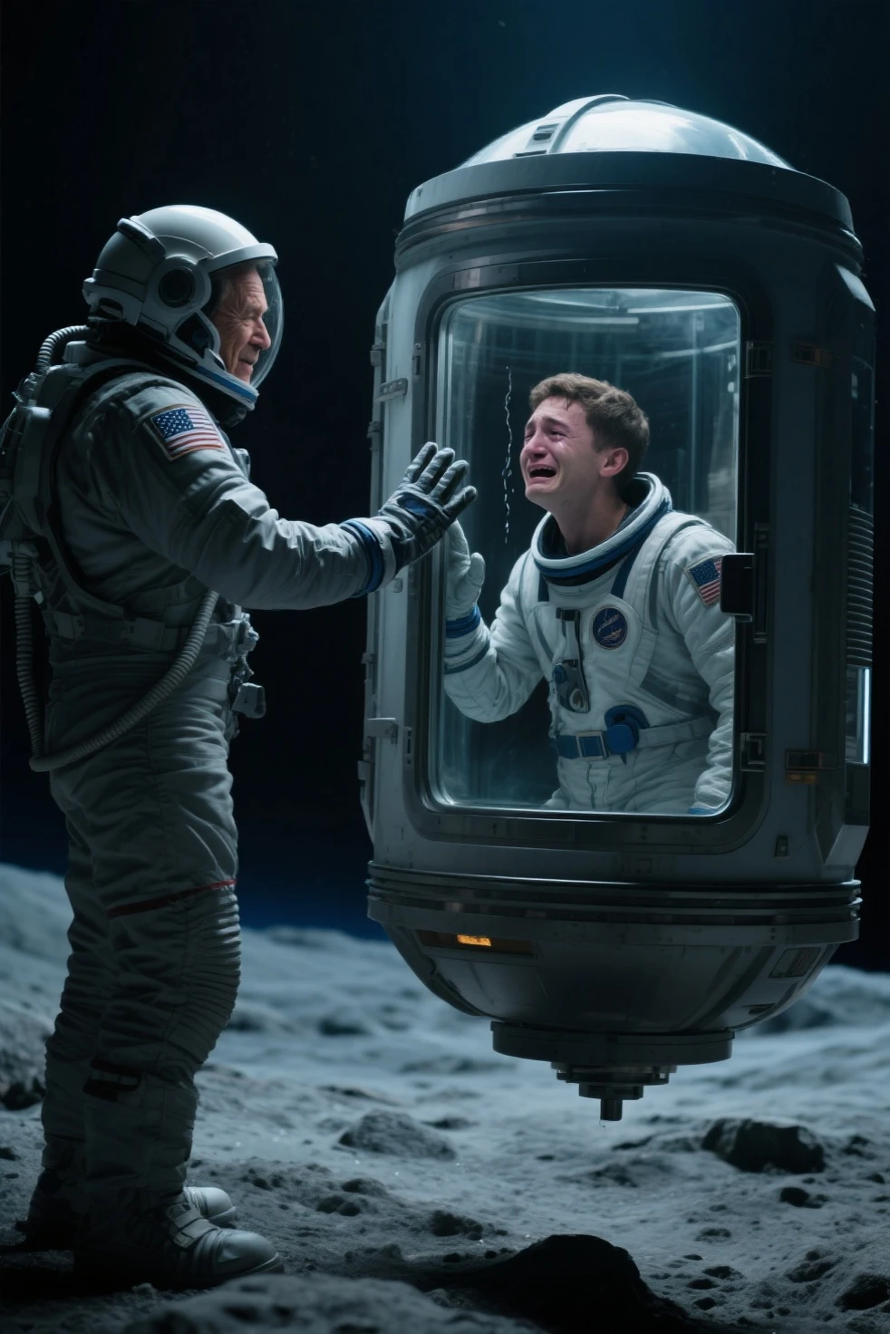In outer space, on an asteroid, there are two men wearing workspacesuits. One is an American man in his 50s with a helmet and gloves for space work. Still in his spacesuit on the asteroid, the other is a young man in his 20s, also wearing gloves and spacesuit. Inside an escape pod made of reinforced glass, the sliding door of the pod is closed, and through the glass, a young man inside the pod is crying out. The young man stares into the eyes of the older man, tears streaming down his face, and places his gloved hand against the glass in the pod. The man in his 50s gazes back at the young man with a peaceful smile. The escape pod is floating about one meter above the surface, and the area on the asteroid is dimly lit, reminiscent of the movie 'Armageddon.'