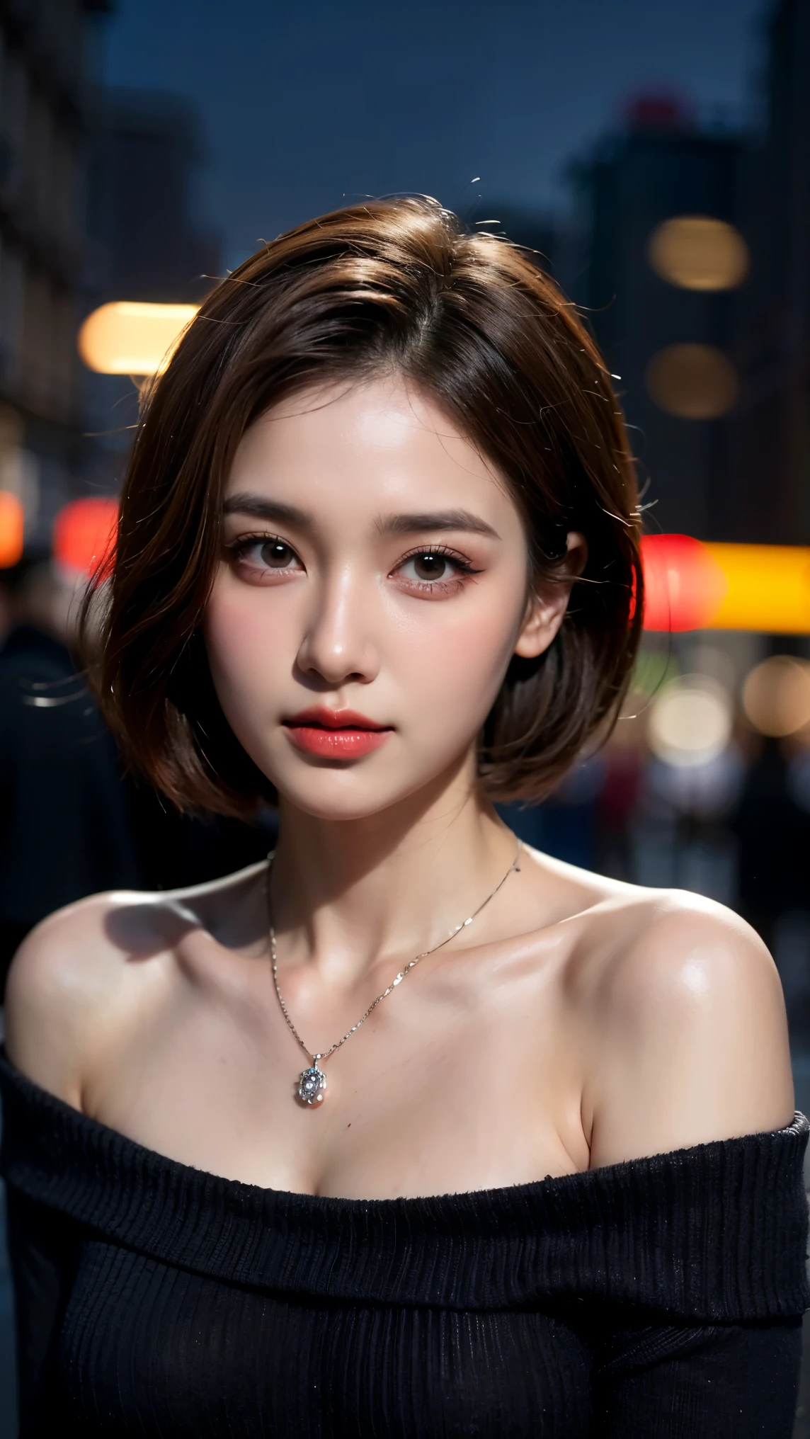 (8K分辨率,Frontal avatar photo),1womanl,27years old,((Face with narrow bones,heart - shaped face,with a pointed chin,The shape of the eyes is round and full,Small open fan double eyelids,The tail of the eyes rose slightly,Thin lips,Thick lower lip,The jawline is clear,The eyebrows and nasal bones are high),详细的脸),(Delicate Japanese light makeup),(shoulder-length short hair,Thick Qi bangs,Mushroom hairstyle,Roll inward),Fair smooth skin,(Best Skin Type:1.21),(Off-the-shoulder fashion dress,Luxurious necklaces,Ultra-fine clothing material),(Deep view),(Professional lighting),((The color is uniform,(red colour,green color)),(Golden section,Hasselblad photograp,tmasterpiece:1.3),(Delicate and cute,Feminine heroism,fashion art,trendsetting,Artis,Art platform)