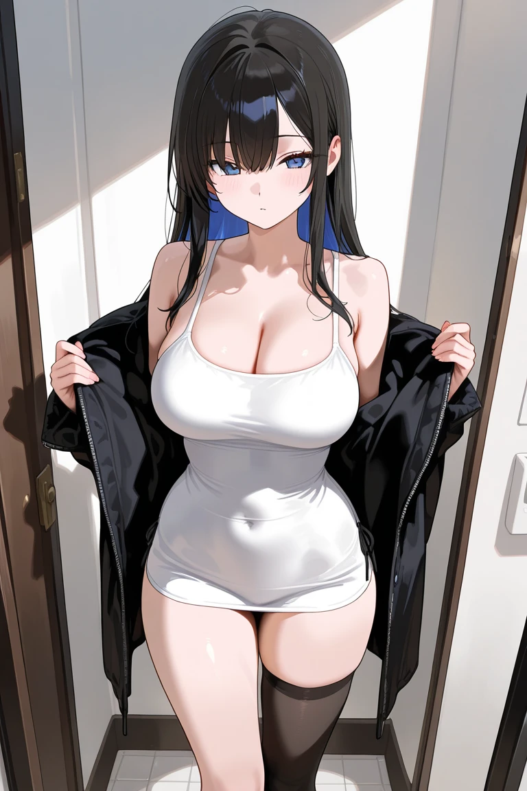 masterpiece, 8K, Detailed face, best quality, Must be created as described, (1 girl, alone, 20 years old, 158cm), (Black hair, long hair, Straight Hair, Bangs), (innocent, Big blue eyes like diamonds), (fair skin), (Wearing a simple white shirt, Shirt length no longer than thigh), (Black panties, Low waist style, Show your thighs), (Wearing only white socks), (Has black leather collar), (The expression looks shy, but with a smile), (light black background, movie lighting, Full body portrait, Facing the audience, Stand Up Straight, symmetry)