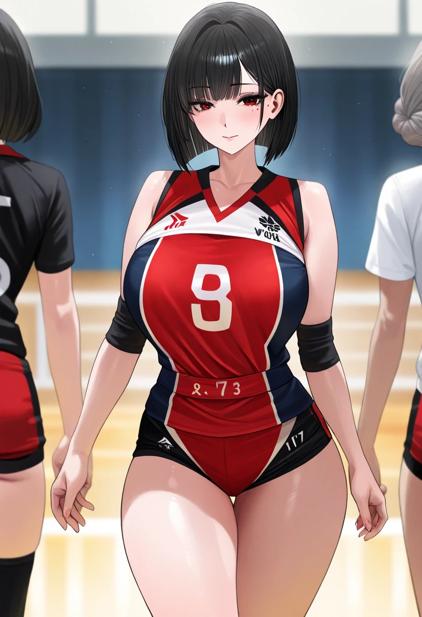 (Best quality:1.1), (Masterpiece:1.2), 5 girls，track suit，are standing，Highqualityshadow, Beautiful detailed, Beautiful face, Detailed eyes,Depth of field, A high resolution, Best shadow, Best illumination, Kizi, view the viewer, （Five-color hair:1.3)，Brush cut，extra very short hair, Blunt bangs, Long hair, Black eyes, Shy, , Miniskirt, Volleyball hall，inside in room，Exercise posture， Sunburn，Boo marker，cleavage，looks into camera，ssmile，closeup cleavage，Superskirt