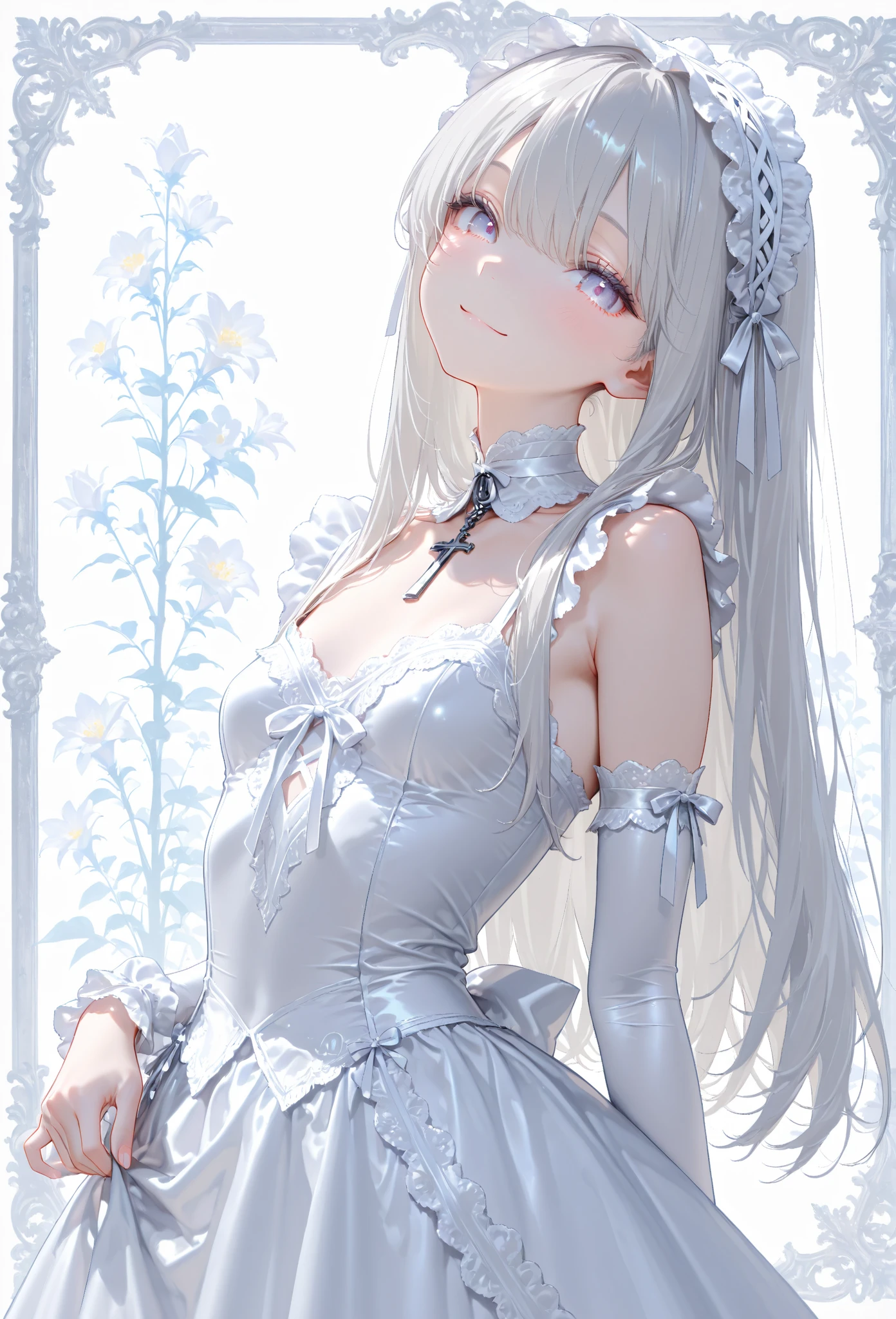 silber hair，butterflys，Long grey hair，Light pink wedding dresses，8k wallpaper，detailedbackground，Highest high resolution，Deep V Big，Hair covering one eye，Bandeau Wedding Dress，chies，white roses and pale pink roses，tight fitted，Stockings,(((perfect and cute hands)))