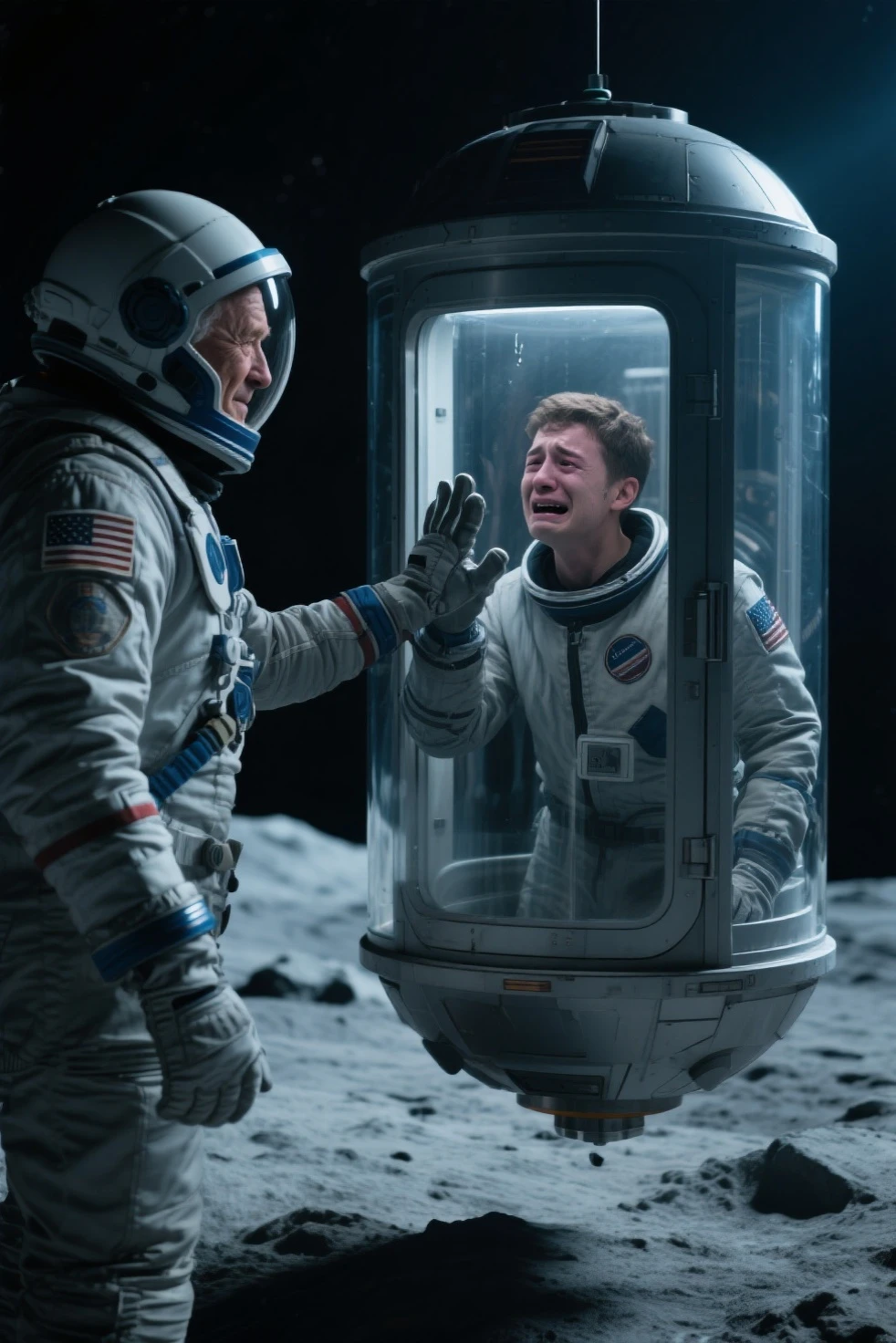 In outer space, on an asteroid, there are two men wearing workspacesuits. One is an American man in his 50s with a helmet and gloves for space work. Still in his spacesuit on the asteroid, the other is a young man in his 20s, also wearing gloves and spacesuit. Inside an escape pod made of reinforced glass, the sliding door of the pod is closed, and through the glass, a young man inside the pod is crying out. The young man stares into the eyes of the older man, tears streaming down his face, and places his gloved hand against the glass in the pod. The man in his 50s gazes back at the young man with a peaceful smile. The escape pod is floating about one meter above the surface, and the area on the asteroid is dimly lit, reminiscent of the movie 'Armageddon.'