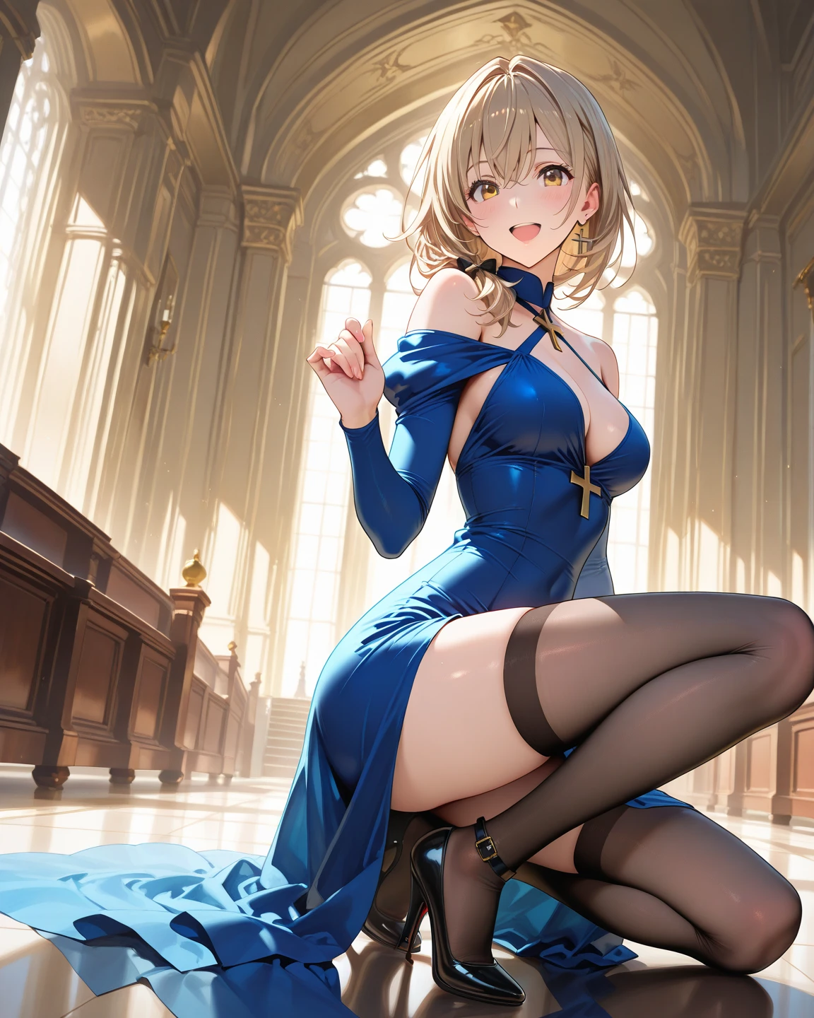 One young and beautiful woman,(Highest quality,Extremely detailed depiction,Incredibly absurd high resolution,Anatomically accurate depiction,A face with attention to detail, Eye for detail,Perfect body),Two curvaceous legs),(Glowing Skin,Shiny skin),Flower and willow woman,Gorgeous navy blue party dress,Shiny black pantyhose,eyelash,eye shadow,eyeliner,mascara,Luxury accessories,Earrings,Bracelet,Black high heels,Purple Eyes,(Looking down at me with a narrowed eye:1.3),(Condescending expression:1.3),Lift your chin,Glossy Lips,Sweat,whole body,sitting on a plush sofa with one's knees raised,resting one's arms on the back of the sofa,From below:1.3