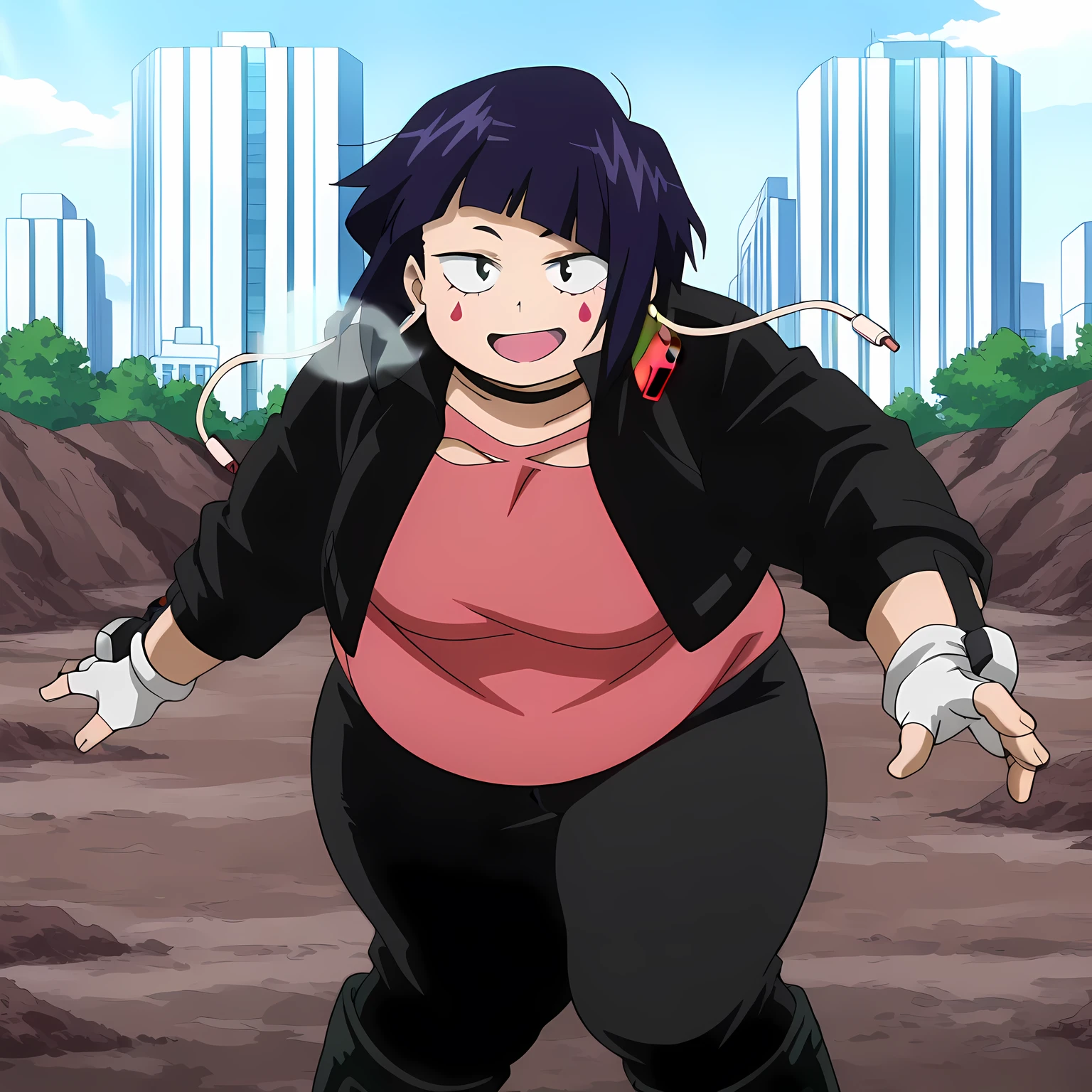 anime screencap, anime coloring, detailed face, masterpiece, best quality, very aesthetic, absurdres, volumetric lighting, official style, amazing quality, ultra detailed, highres, amazing quality, scenery, beautiful detailed hair, beautiful detailed eyes,
outdoors, buildings,
Hearing Hero (outfit), Kyoka Jiro (character), jirou kyouka, 1girl, fingerless gloves, audio jack, jacket, black jacket, shirt, gloves, short hair, facial mark, boots, pants, purple hair, black pants, black eyes
looking at the viewer, smile, fat, chubby, obese, gigantic arms and legs, large breasts open mouth, out of breath