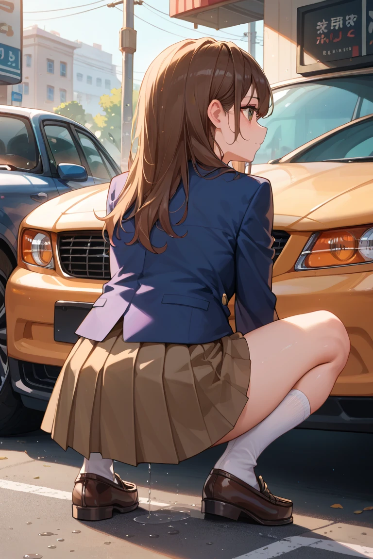 ((best quality)), ((masterpiece)), (detailed), (((perfect face))), ((((slender 16yo teenage girl bending over in car)))), (((light grey turtleneck pullover, dark blue pleated skirt))), (((pink panties))), ((brunette, brown hair)), ((ponytail)), ((skinny thighs)), ((skinny hips)), (((bare legs)))