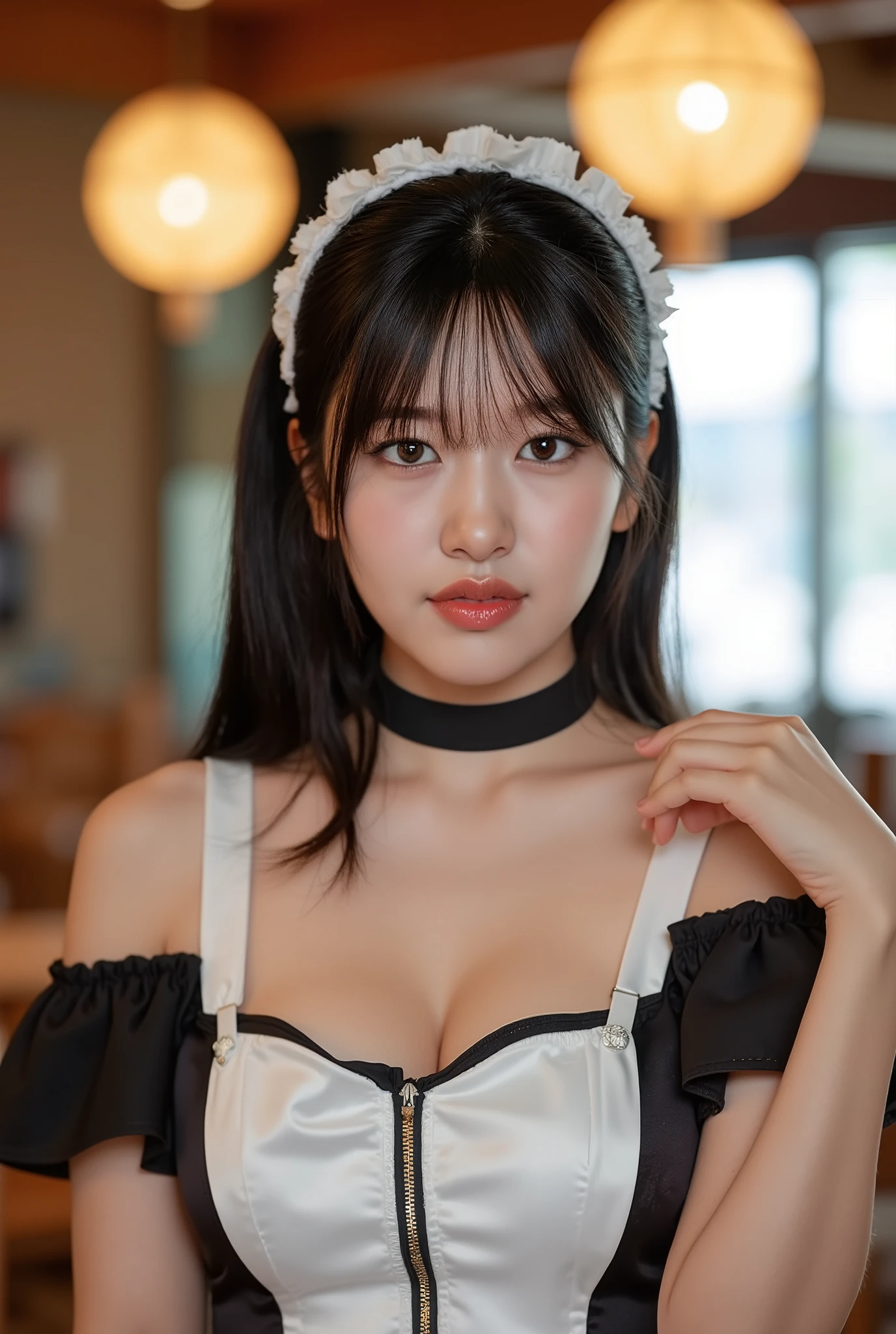 masterpiece, One girl per photo, Upper Body Shot, View from the front, Beautiful korean woman, She is smiling while sitting in a cafe wearing a cute black maid outfit made of short sleeved silk satin., Wearing a white frilly headband, White frilly apron, Black choker, An attractive person, Super cute face, Glossy Lips, Sweaty body, Natural Makeup, Long eyelashes, Shiny and smooth black ponytail, Asymmetrical bangs, Sunburned skin, Center image, 8k resolution, Attention to detail, Detailed hairstyle, Detailed face, Spectacular Cinema Lighting, Octane Rendering, Vibrant, Ultra-realistic, Perfect limbs, Perfect Anatomy