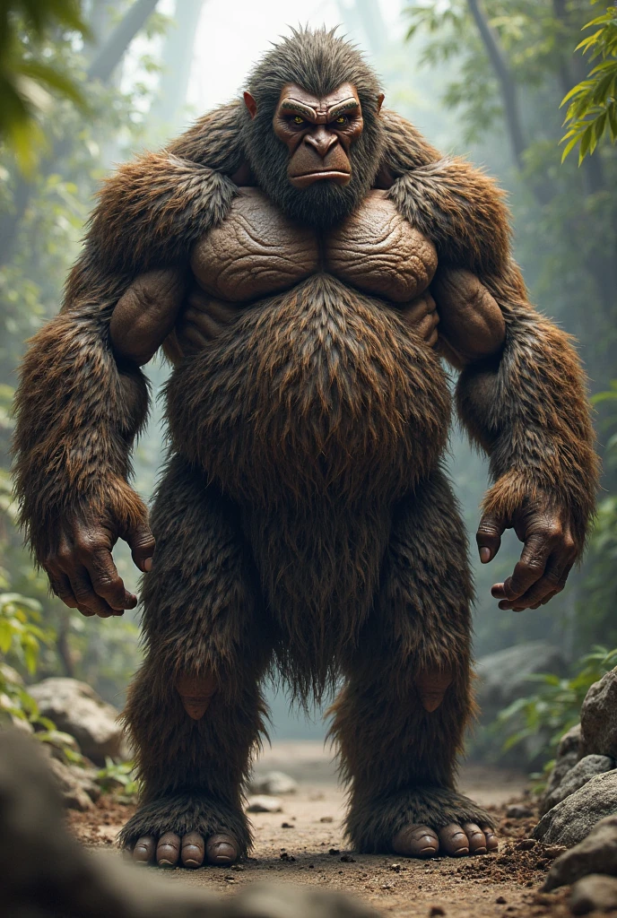 Sasquatch Bigfoot feet tall in Pacific Northwest Forest hiding behind trees